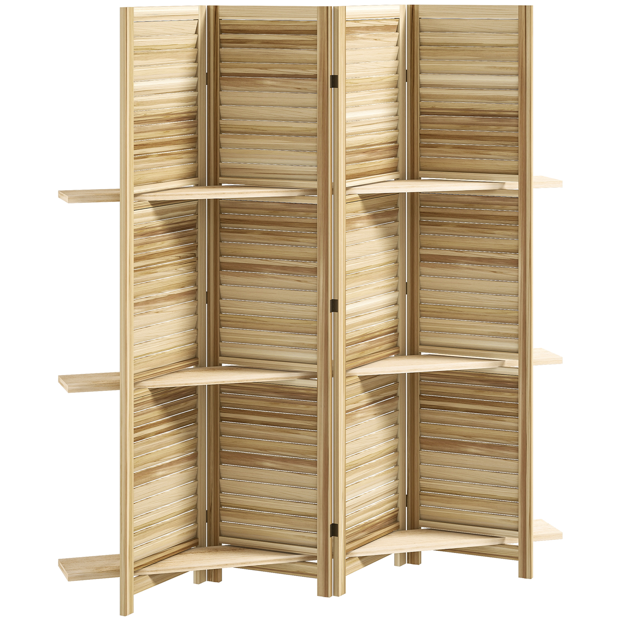 HOMCOM Innenraum-Paravent aus Holz mit 4 Paneelen 160 x 170 cm, faltbarer Raumteiler mit 3 Regalen, Trennwand für Wohnzimmer, Schlafzimmer, Haus, naturholz Aosom