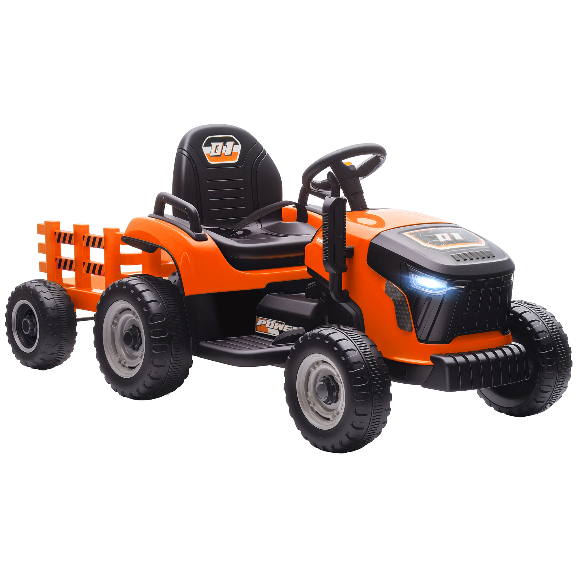 AIYAPLAY Elektrischer Kinder Traktor mit Anhänger, Aufsitztraktor mit Fernbedienung, 2 Motor, 3-Gang Kinder Elektroauto mit Musik, Hupe, Startgeräusch, Sanft Start, 3-5km/h, für 3-8 Jahre, Orange Aosom