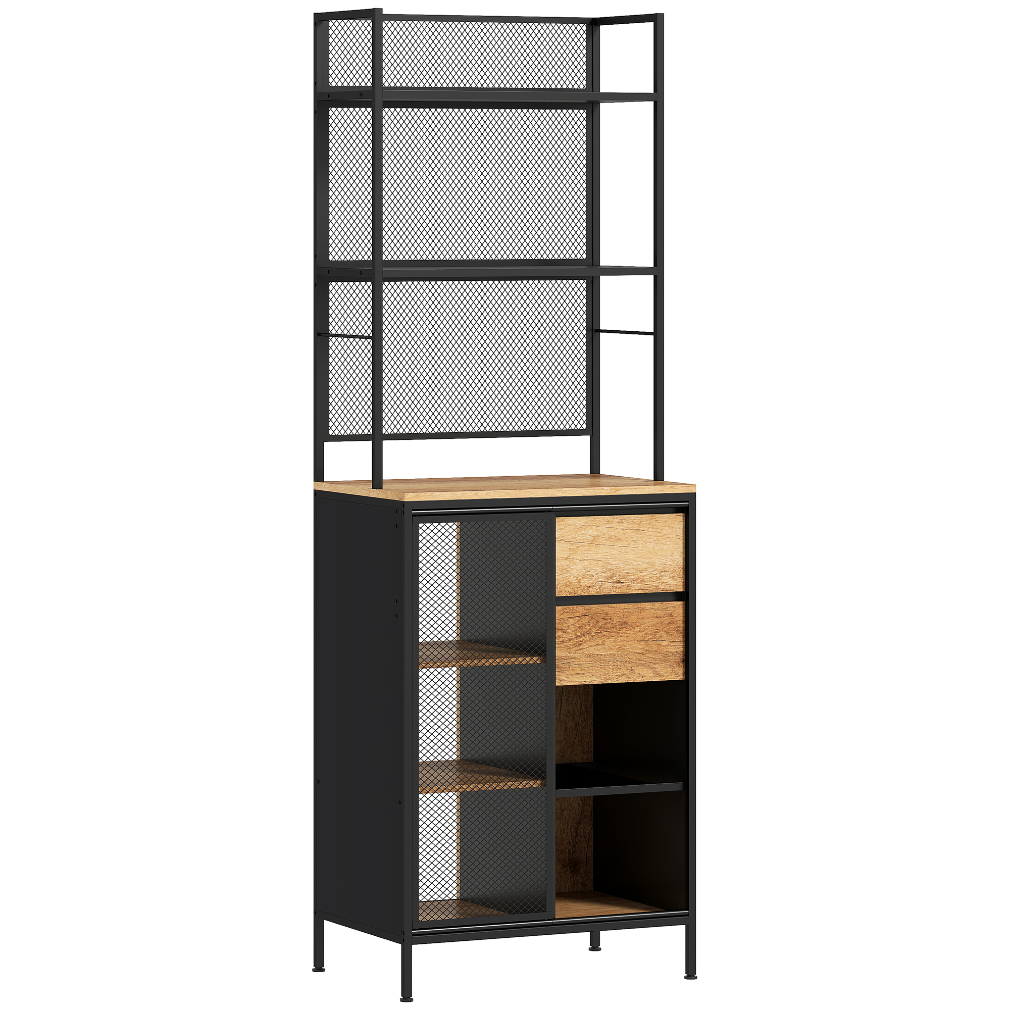HOMCOM Hochschrank Küche, Küchenschrank mit Arbeitsplatte, Mesh-Schiebetür, Schubladen und offenen Regalen, Industrielles Aufbewahrungsmöbel, 60x40x180cm, Naturholz und Schwarz   Aosom
