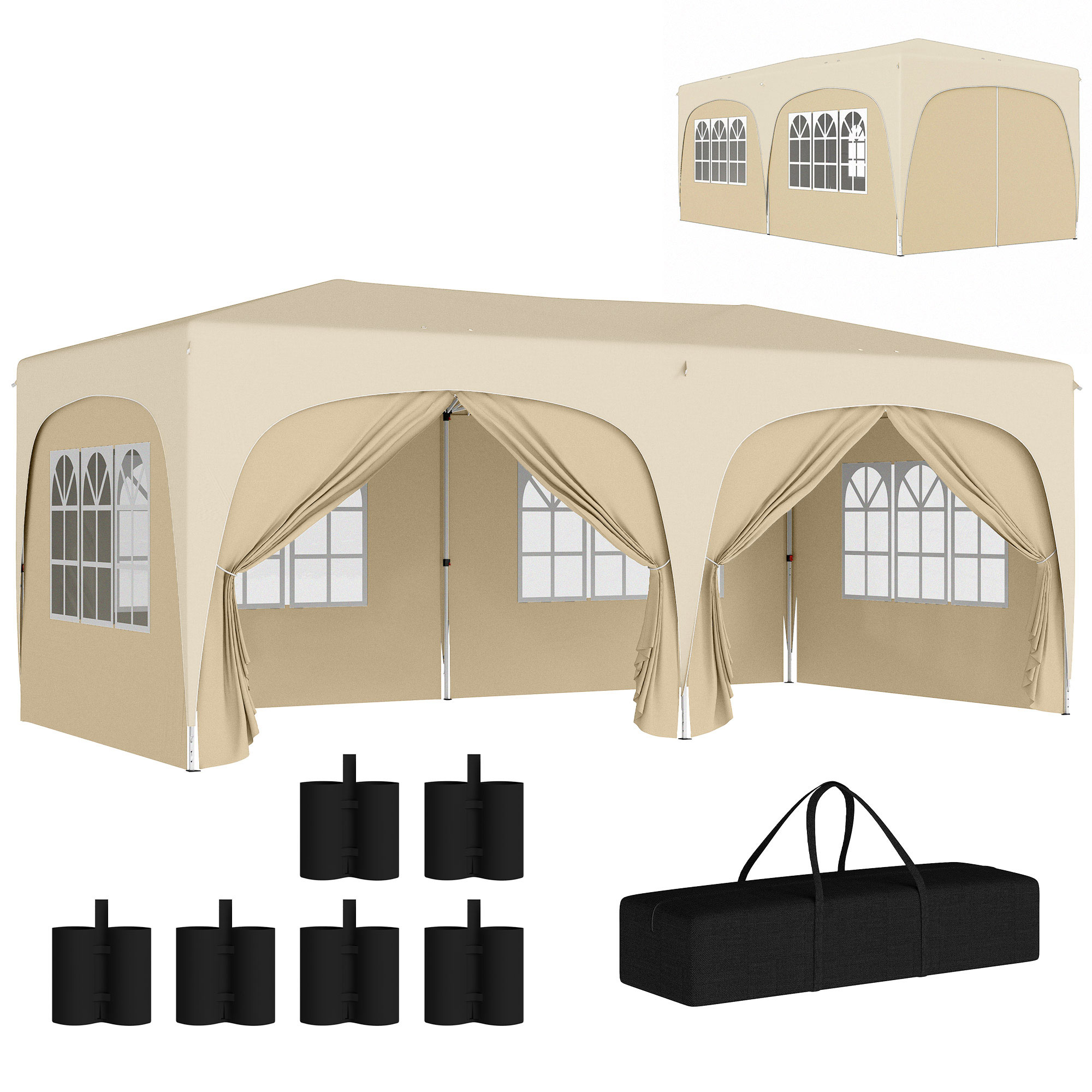 Outsunny Pavillon ca. 3x6m, wasserabweisend Stabil Winterfest Pop-up Faltpavillon, UV Schutz 50+, Faltbar Partyzelt Gartenzelt mit 6 Seitenteilen Tasche Gartenpavillon für Camping Garten, Sand   Aosom