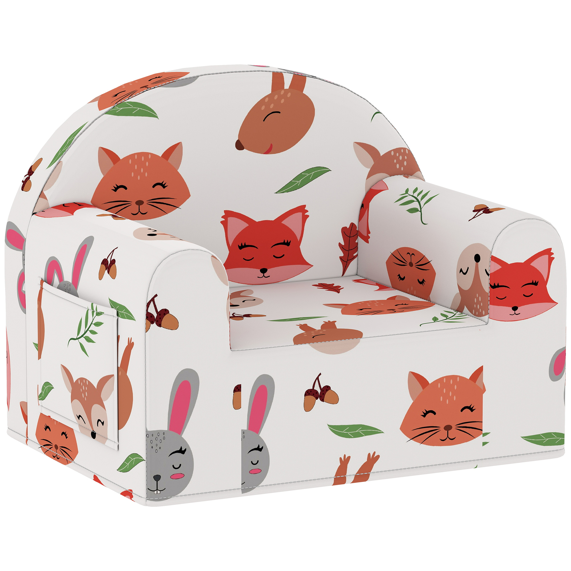 AIYAPLAY Kinder-Sofa mit Fuchsdruck, Kinder-Sofa für 18-36 Monate mit abnehmbarem und waschbarem Bezug, seitlicher Tasche, Armlehnen, Belastung 45 kg, Weiß   Aosom