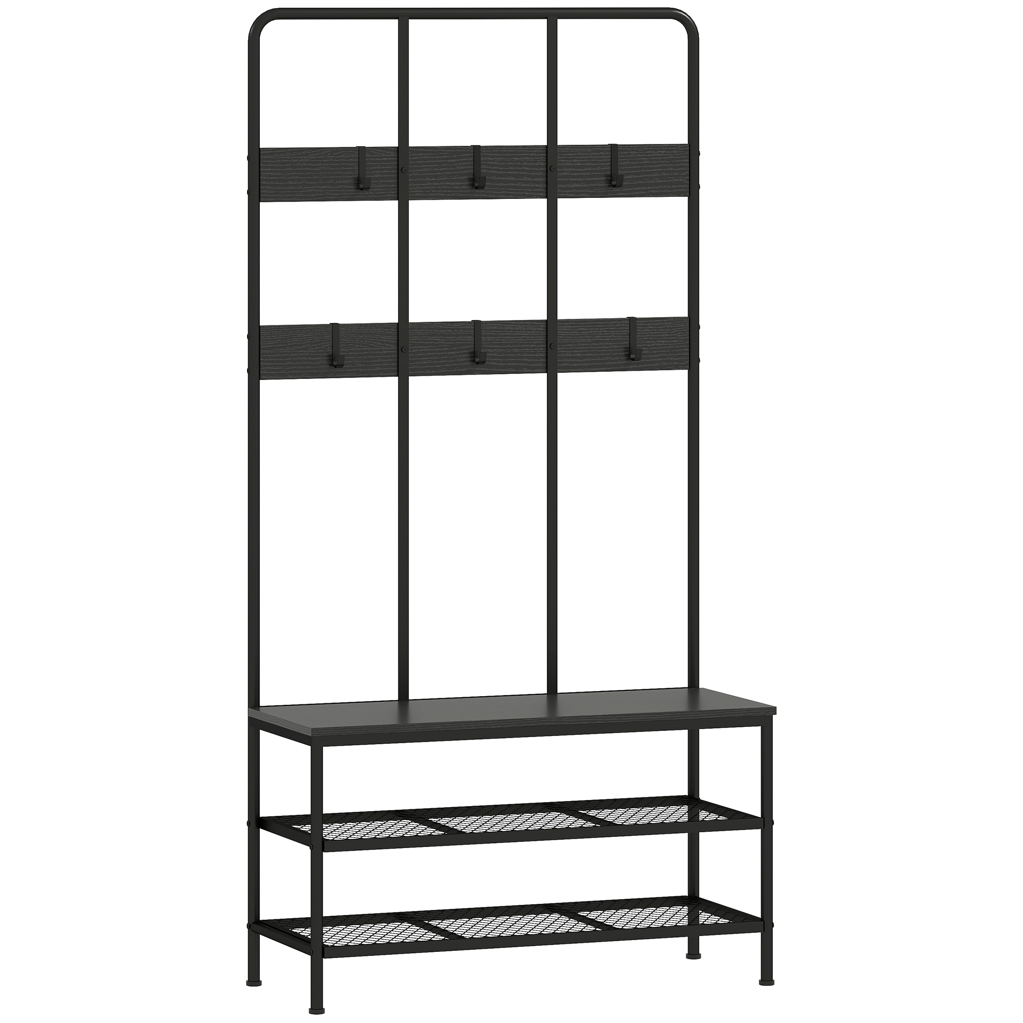 HOMCOM Garderobenständer, Kleiderständer mit Schuhbank, Garderobe mit 6 Haken, Jackenständer für Eingangsbereich, Flur, Schlafzimmer, Schwarz, 91 x 36 x 180 cm Aosom