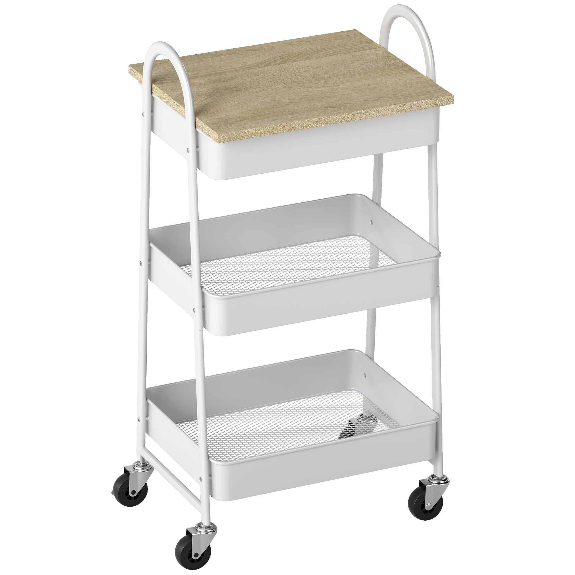 HOMCOM Küchenwagen, Servierwagen mit 3 Etagen, mit oberer Platte, Mesh-Körbe, Griffe, Rollwagen für Wohnzimmer, Büro, Küche, 45 x 32 x 79 cm, Eiche   Aosom
