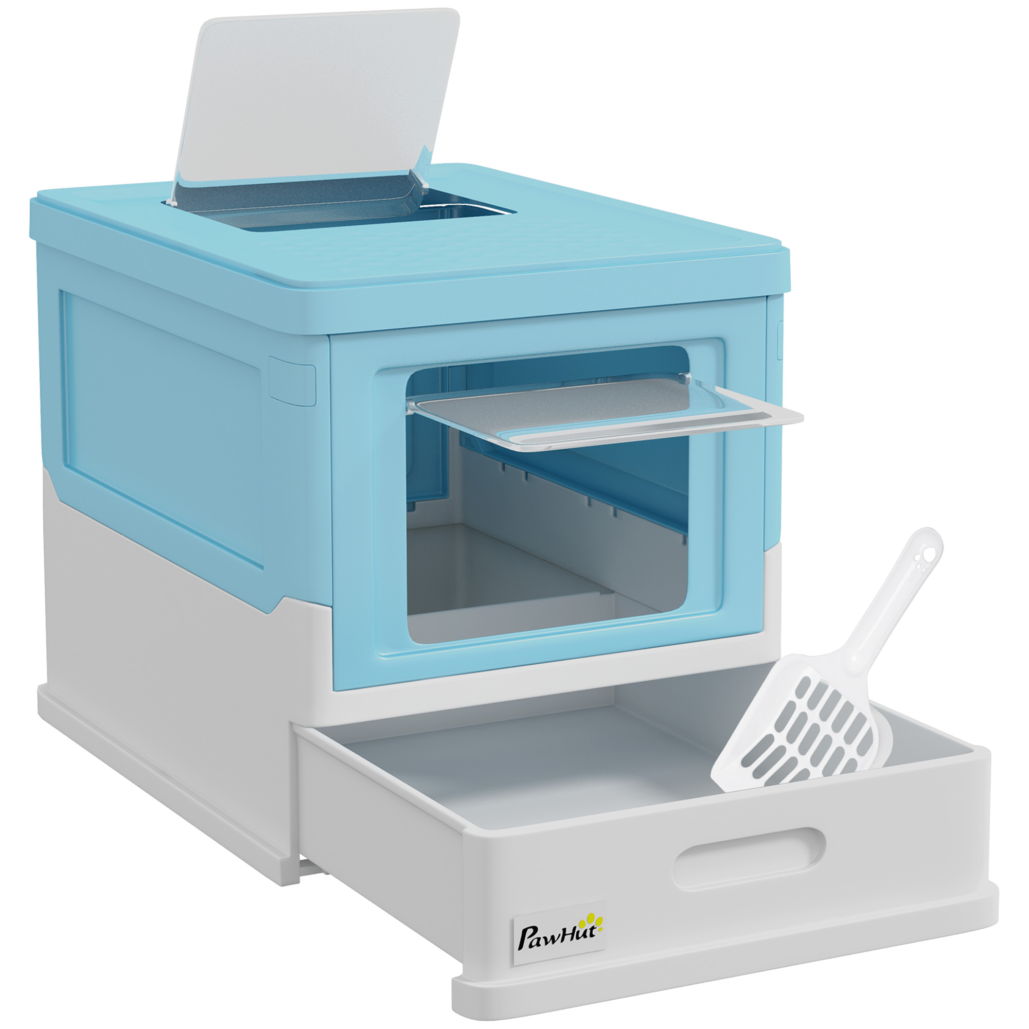 PawHut Geschlossene Katzentoilette aus PP mit inkludierter Schaufel, Faltbarem Design, Katzentoilette mit Herausnehmbarer Schale und 2 Türen, 47,5x35,5x36,7 cm, Blau Aosom
