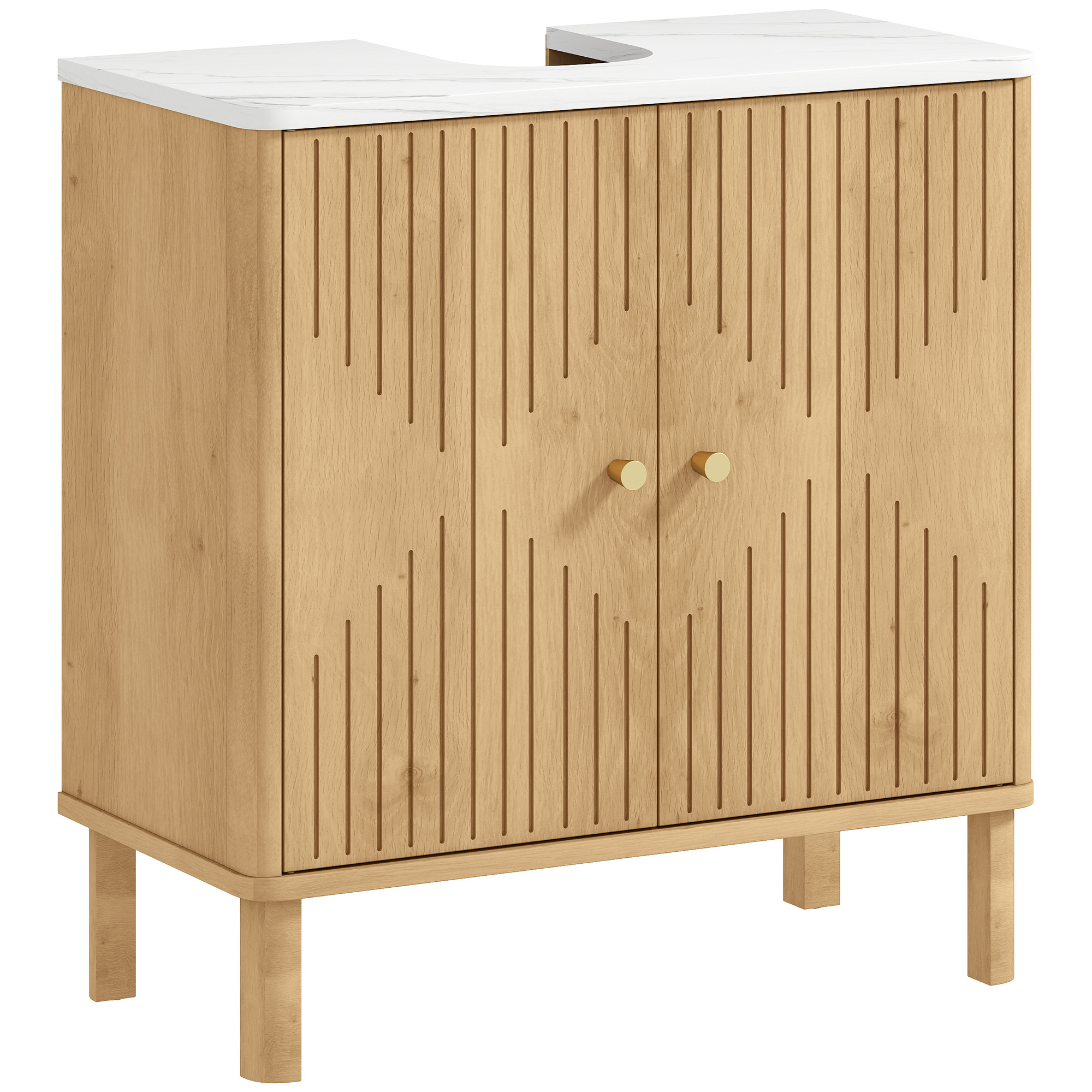 HOMCOM Badezimmerschrank mit 2 verzierten Türen, Unter-Spülenschrank mit Marmor-Effekt-Regal und verstellbarem Regal, für Waschbecken mit oder ohne Sockel, Eiche Aosom