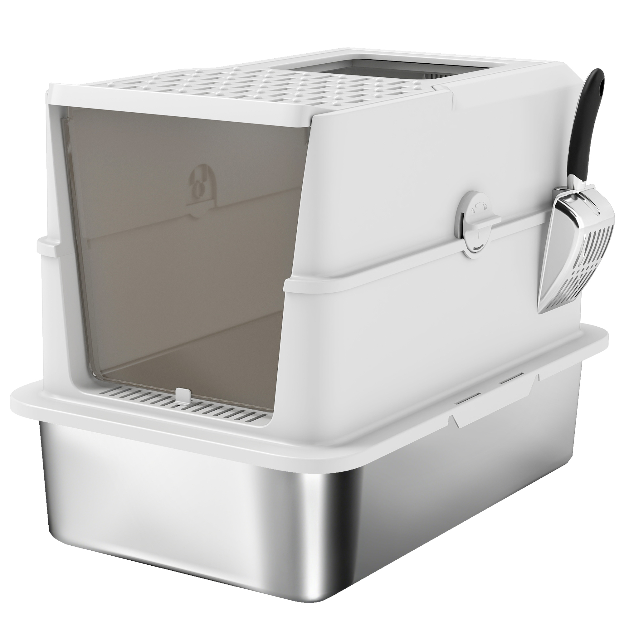 PawHut Geschlossenes Katzenklo aus Edelstahl, Katzentoilette mit Schaufel, aufklappbarem Deckel, Tür, Auslaufschutz und einfacher Reinigung, 60,2 x 40,2 x 43,7 cm, hellgrau   Aosom