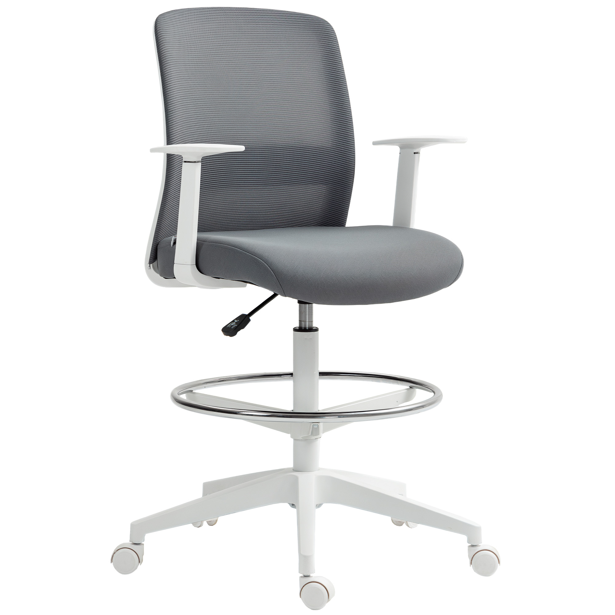 HOMCOM Bürostuhl Ergonomischer Schreibtischstuhl mit Armlehnen und Fußring, Höhenverstellbarer Zeichenstuhl Drehstuhl mit Netzbespannung Grau Aosom