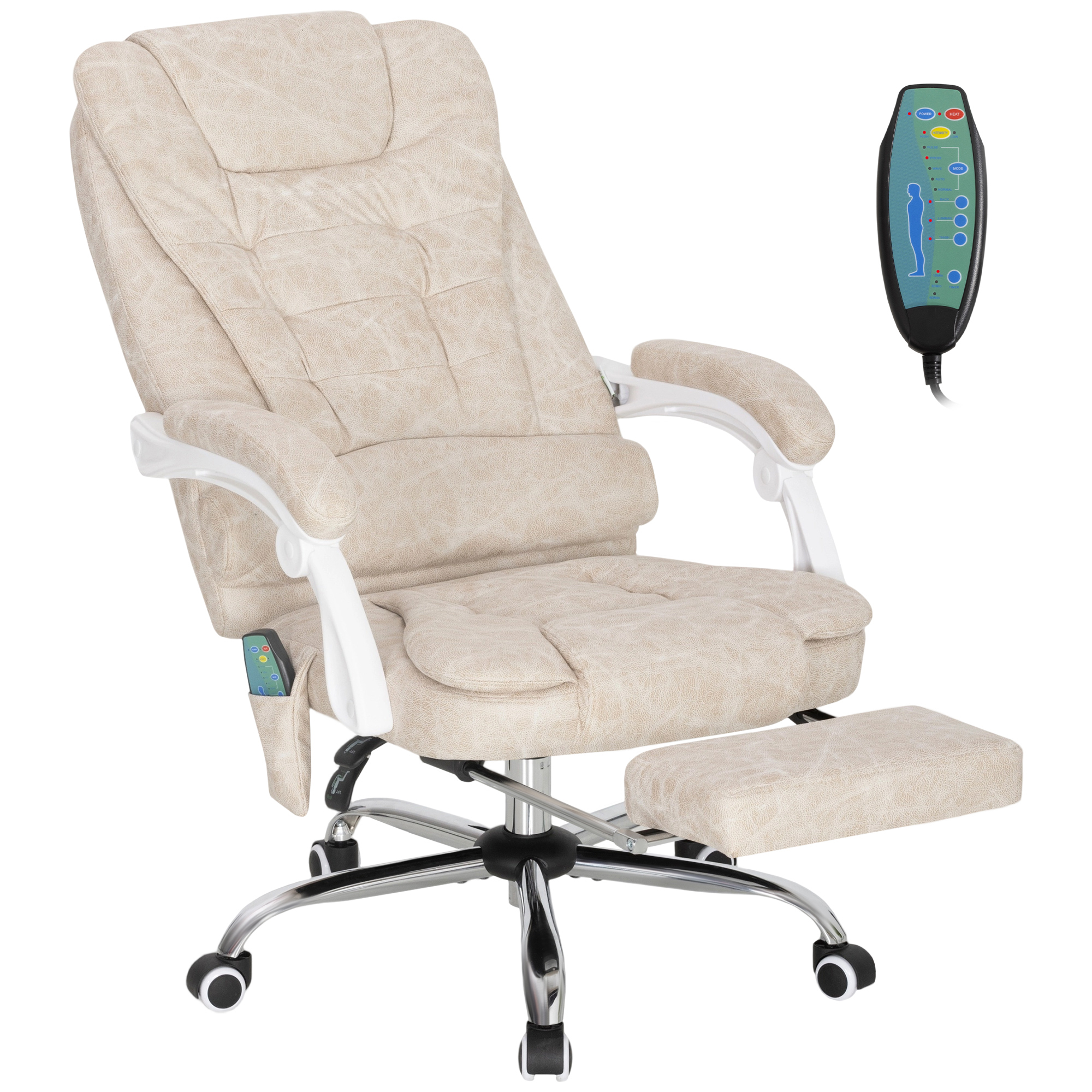 Vinsetto Massagesessel und Heizung Bürostuhl, ergonomischer Bürostuhl mit Höhenverstellung, neigbarer Rückenlehne, ausziehbarem Fußteil, Fernbedienung, 360° drehbar, Mikrofaserstoff, Creme Aosom