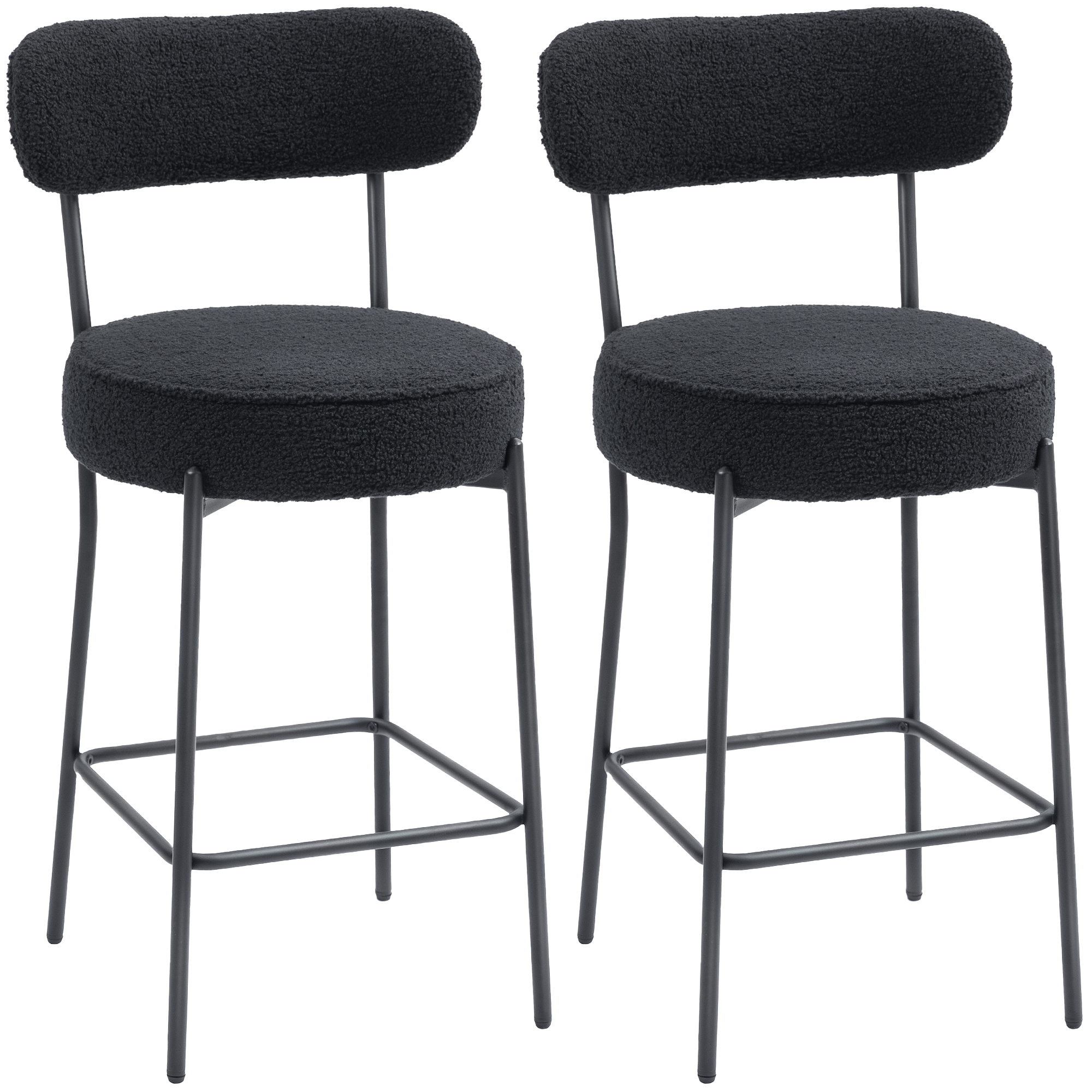 HOMCOM Barhocker 2er Set Barstühle, Küchenstühle mit Fußstütze, Lehne, Fleece-Optik, 68 cm Sitzhöhe Gepolstert Tresenhocker mit Stahlgestell für Küche, Esszimmer, Wohnzimmer Schwarz Aosom