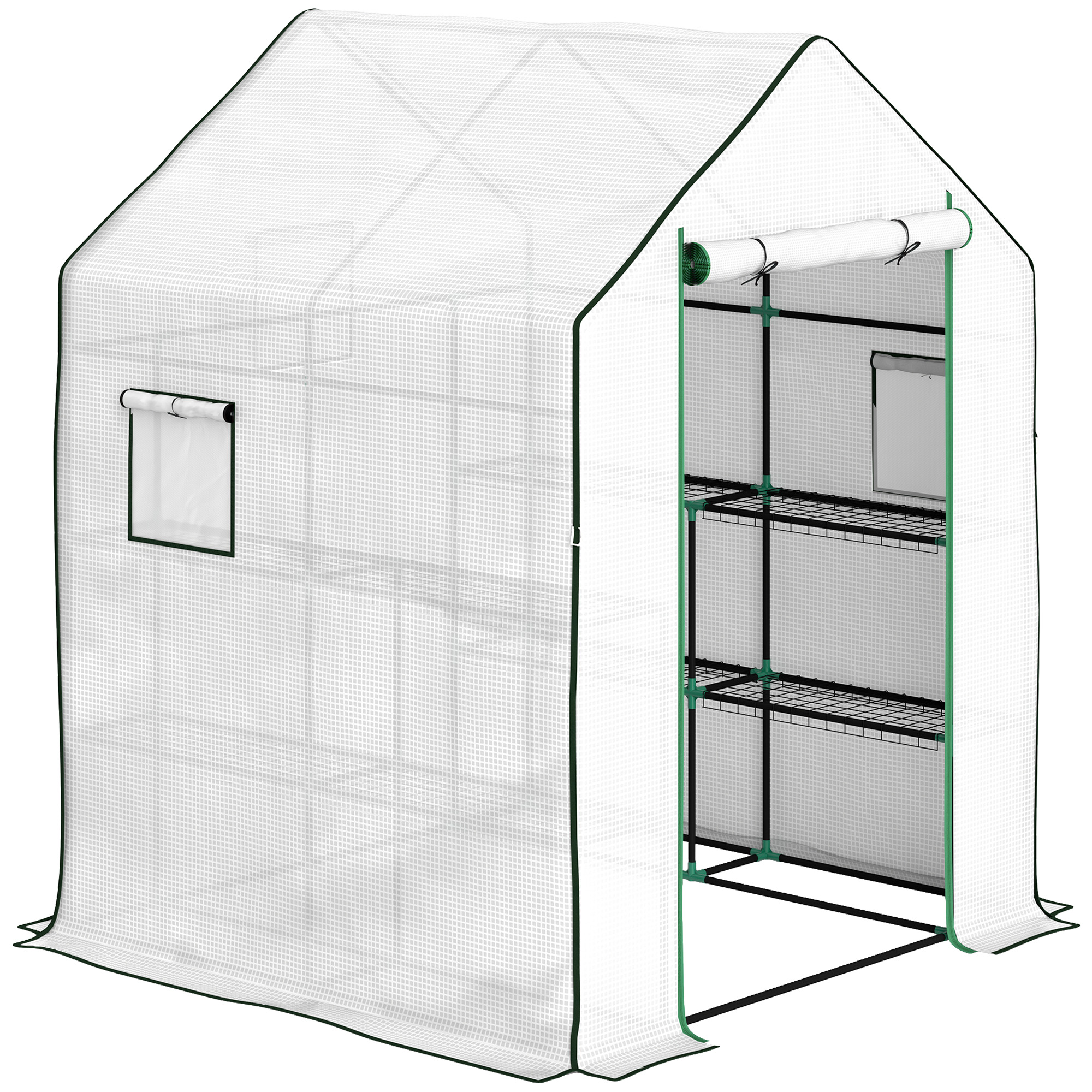 Outsunny Garten Gewächshaus Kleines 3-stufiges Gewächshaus mit 6 Regalen aus PE-Abdeckung und Stahlrahmen für Anbau von Pflanzen Blumen 140x143x190 cm Weiß Aosom