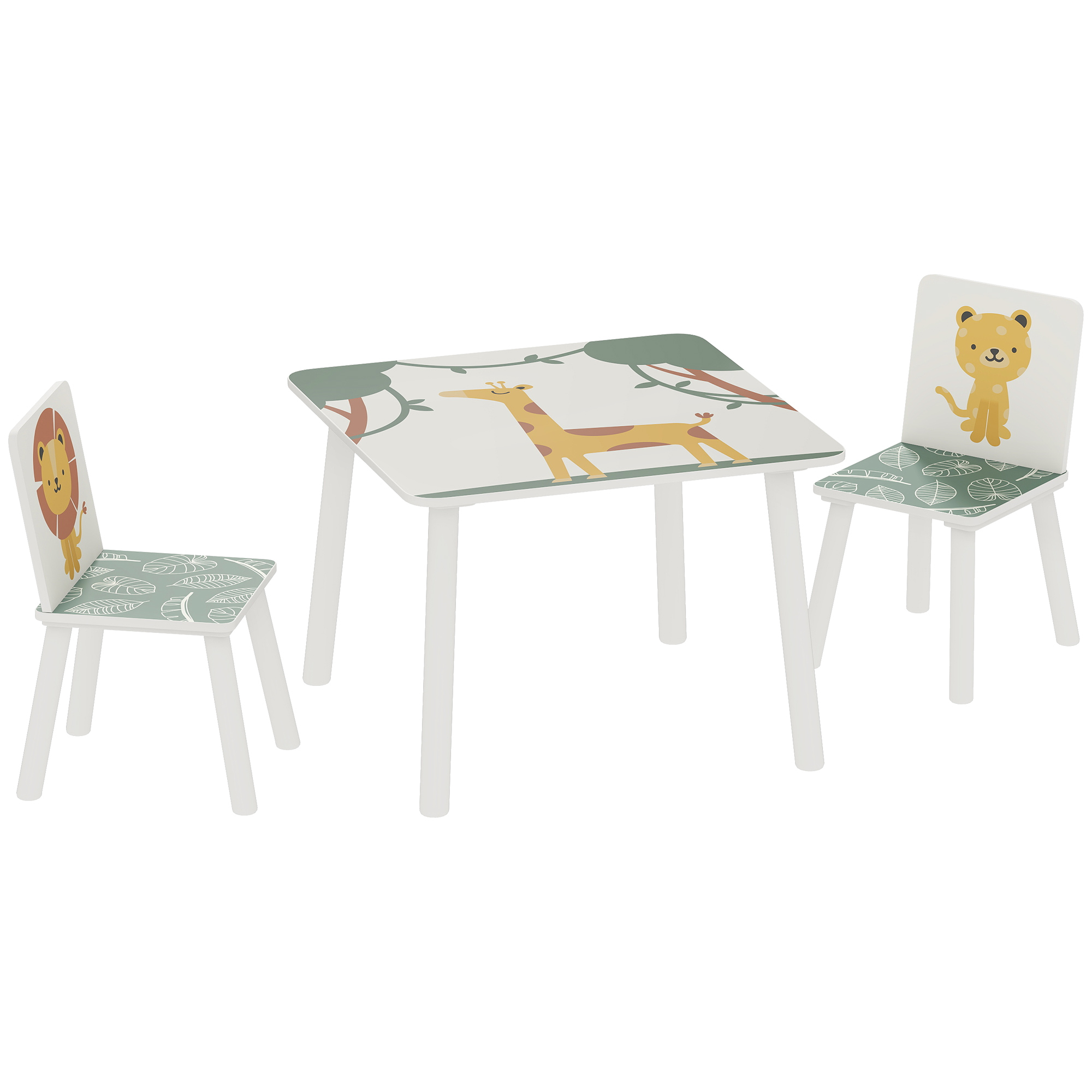 AIYAPLAY Kindertisch mit Stuhl, Set Kindertisch und 2 Stühle aus Holz zum Malen, Spielen, Lernen, mit Tiermotiven, für Kinderzimmer, Kindergarten, Spielzimmer, Mädchen & Jungen 3-8 Jahre, Grün   Aosom