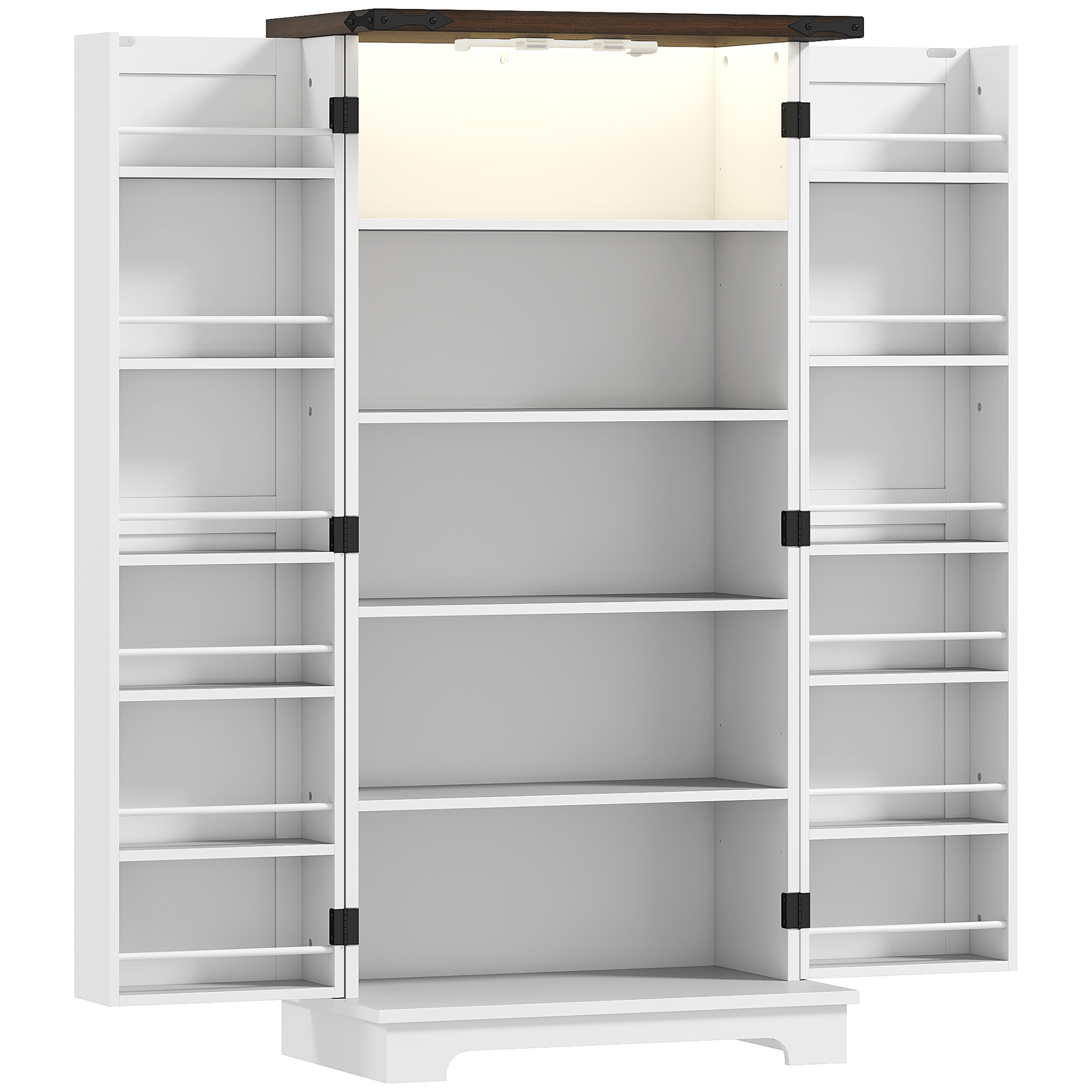 HOMCOM Küchenbuffet, Küchenmöbel Aufbewahrung, Vitrinenschrank mit 12 Türregalen, magnetisches LED-Licht, Doppelscheunentür, für Esszimmer, Wohnzimmer, 60 x 40 x 120 cm, weiß   Aosom