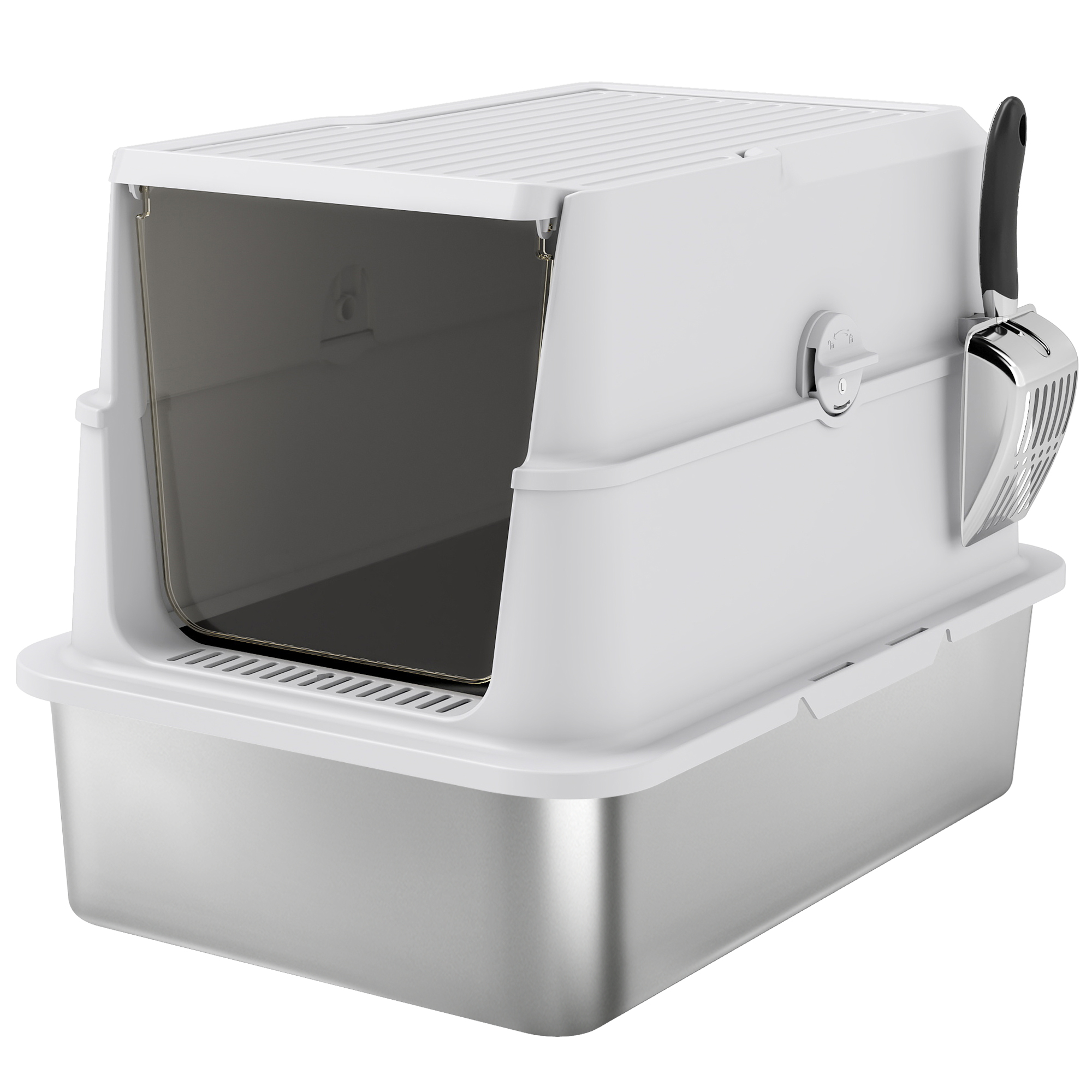 PawHut Katzenklo, XL Katzentoilette aus Edelstahl mit umklappbarem Deckel, Streuschaufel, Katzentoilette mit Deodorierungsbeutel, für Katzen bis 15 kg, Leicht zu Reinigen, Hellgrau   Aosom