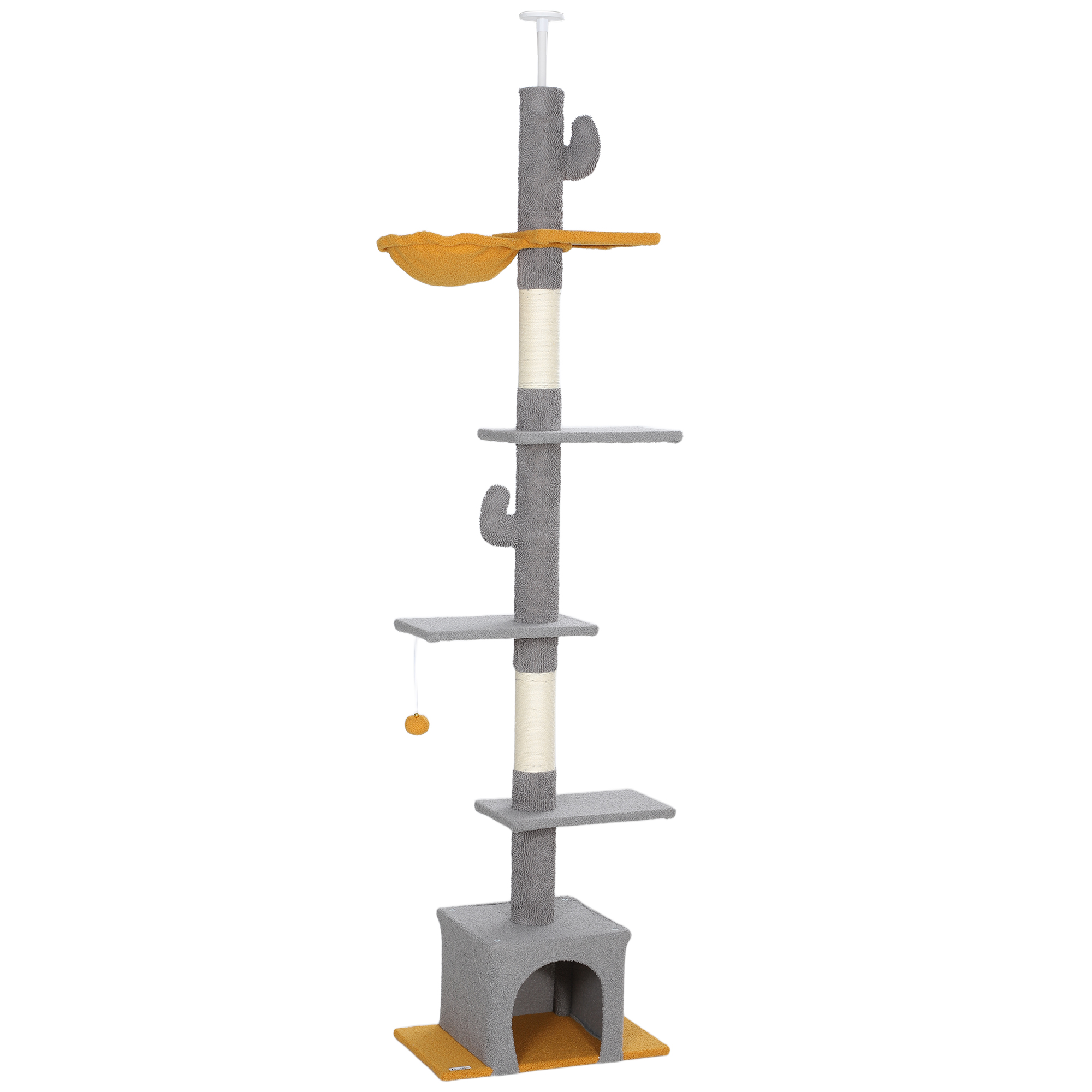 PawHut Kratzbaum vom Boden bis zur Decke, Höhe 275 cm, Katzenspielplatz, 6 Ebenen, mit Plattformen, Häuschen, Hängematte, Ball, Kratzbretter, zum Klettern, Kratzen und Spielen, Hellgrau   Aosom