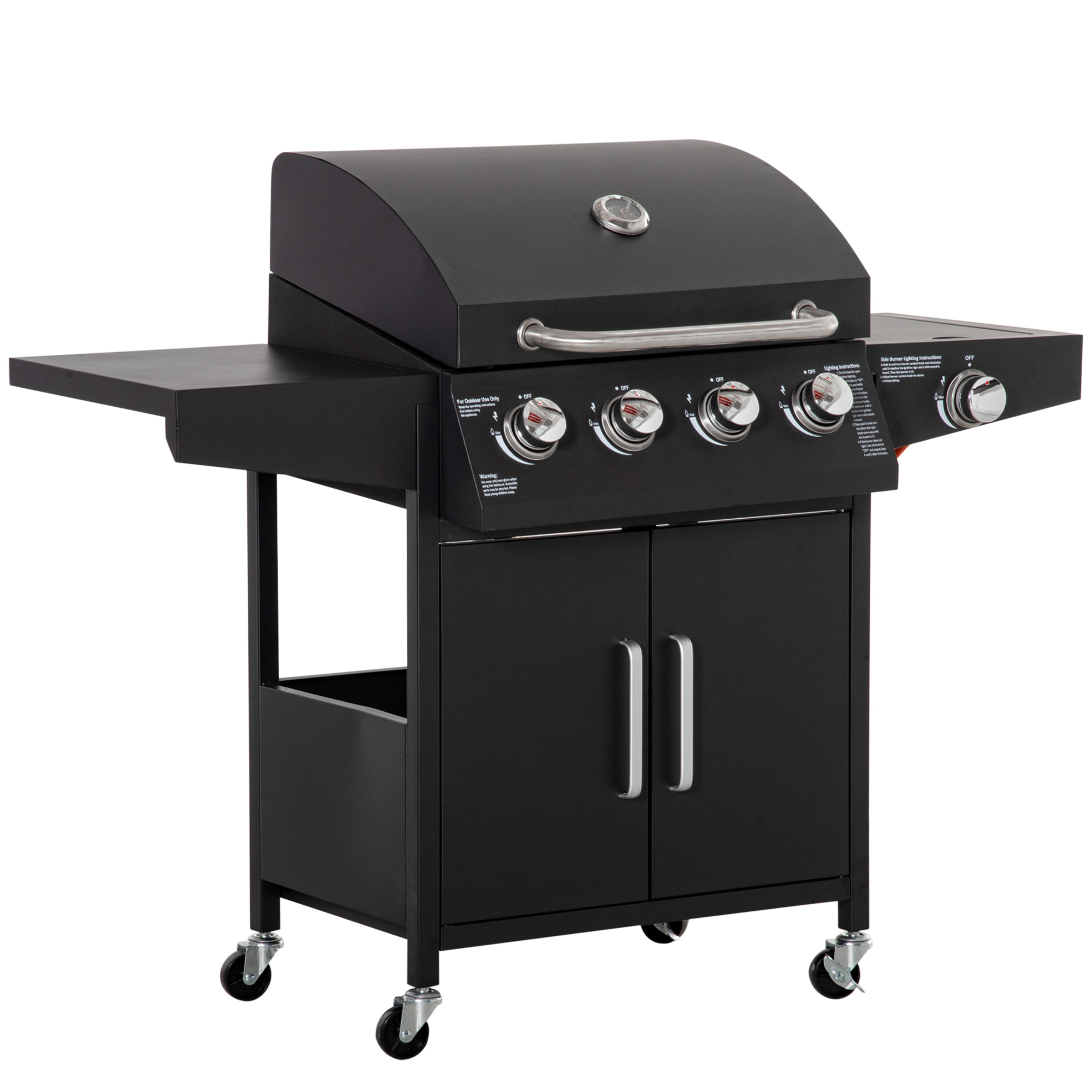 Outsunny Gasgrill BBQ mit 3 Brennern, je 3 kw, mobiler Grillwagen mit Rädern, Grillnetz, Seitentischen, 132,4cm x 55cm x 109cm Aosom