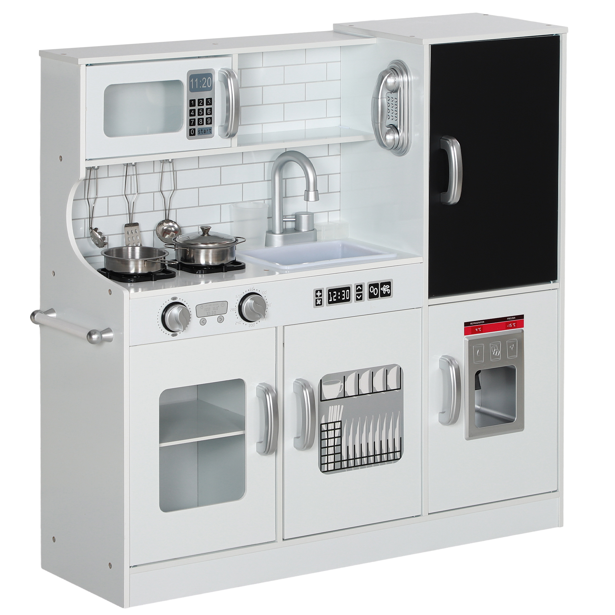 AIYAPLAY Kinderküche Spielküche mit Spielzeug Telefon, Kreidetafel, Mikrowelle, Herd, Spüle, Puppenküche mit Küchenzubehör, Eiswürfelmaschine, Spielzeugküche Geschenk für 3-8 Jahre Kinder, Weiß   Aosom