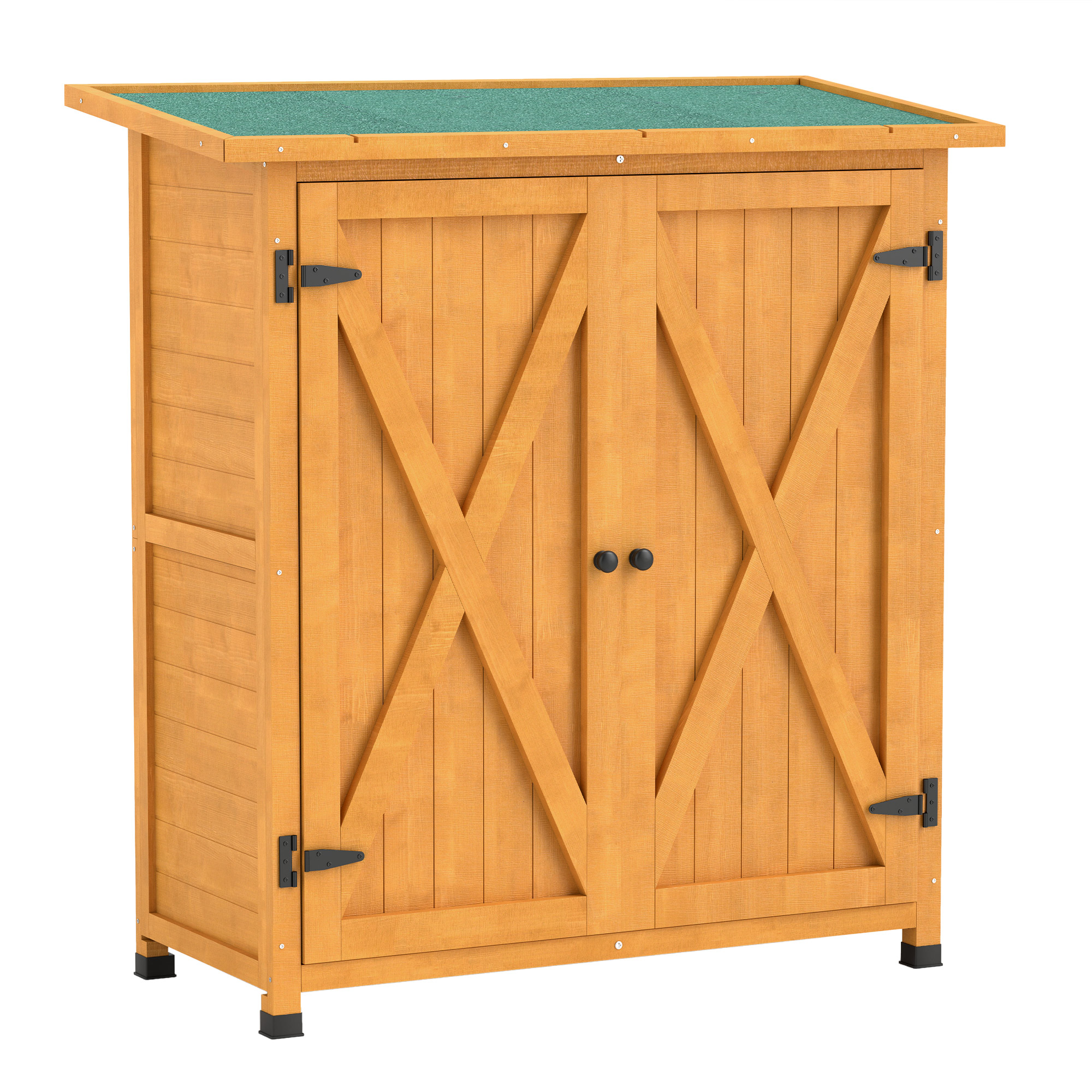 Outsunny Gartenschrank, Geräteschuppen aus Holz, Wetterfest Geräteschrank mit 2 Türen, Werkzeughaus mit Asphaltdach, Werkzeugschrank für Garten, Terrasse, 110 x 55 x 117 cm, Gelb   Aosom