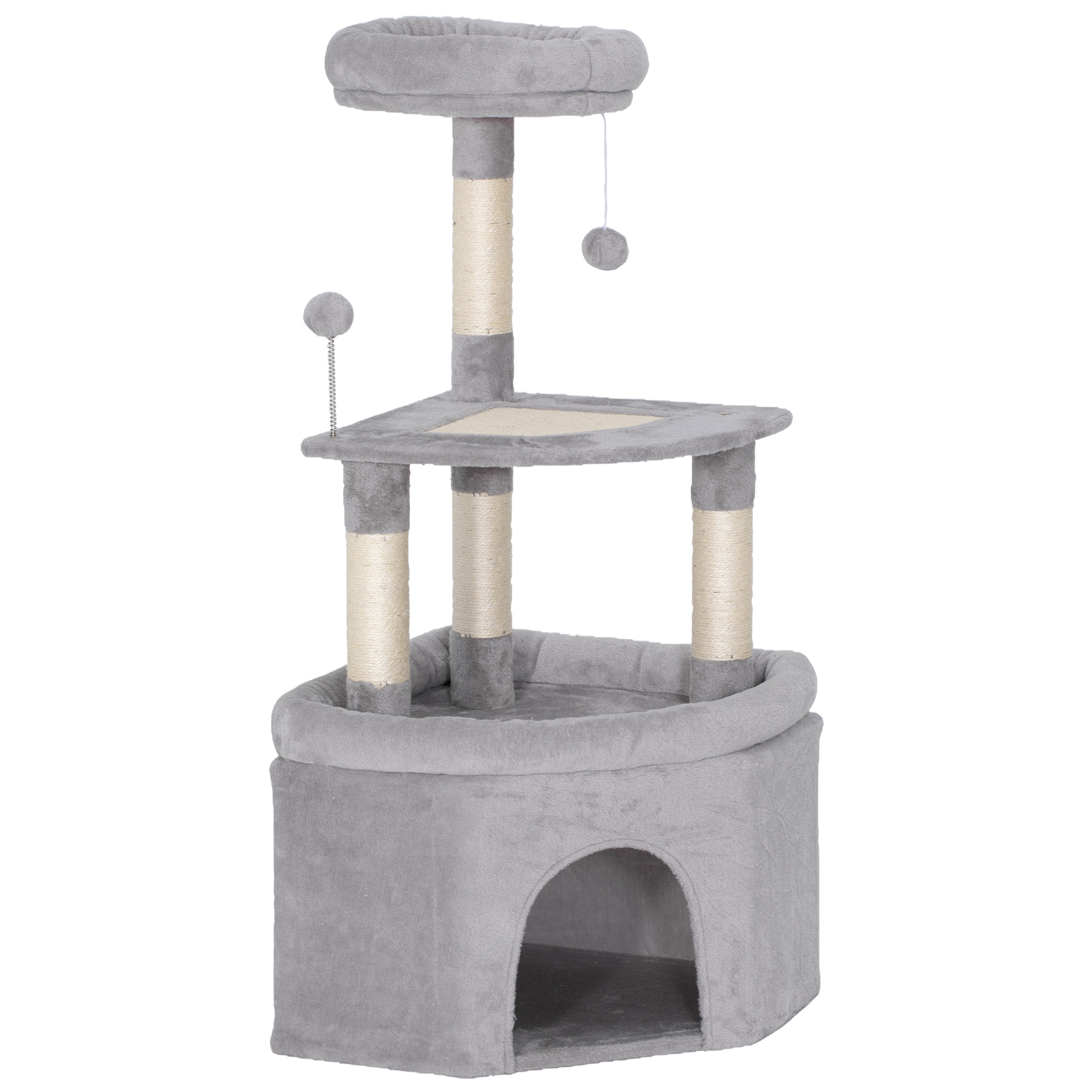 PawHut Kratzbaum 114 cm Katzenspielzeug mit Sisal-Kratzflächen, Plattform, Höhle, Bett, Plüschstoff, Bälle, Mehrstufig, Hellgrau Aosom