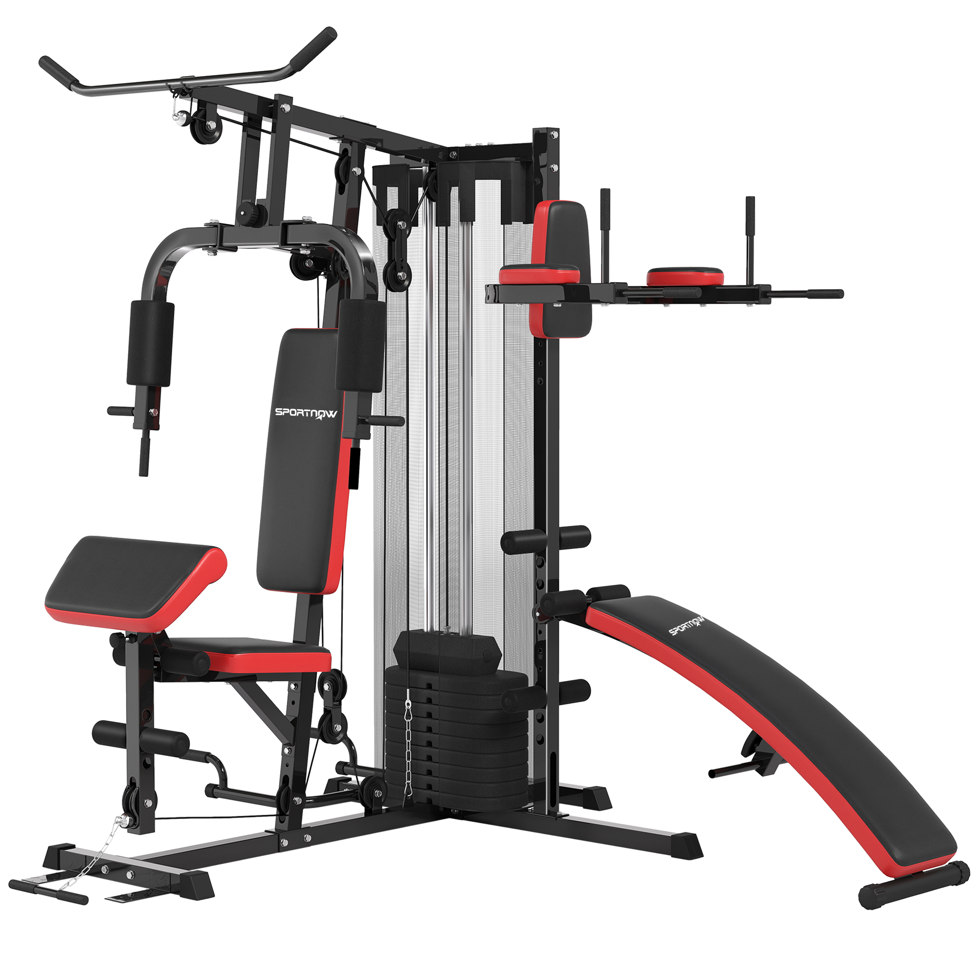 SPORTNOW Kraftstation, Multifunktionale Fitnessstation mit Butterfly- & Latzugstange, Curler, Brustpresse, Sit-Up-Bank, Fitnessgerät mit 65 kg Gewichtsblöcken für Zuhause, Schwarz   Aosom
