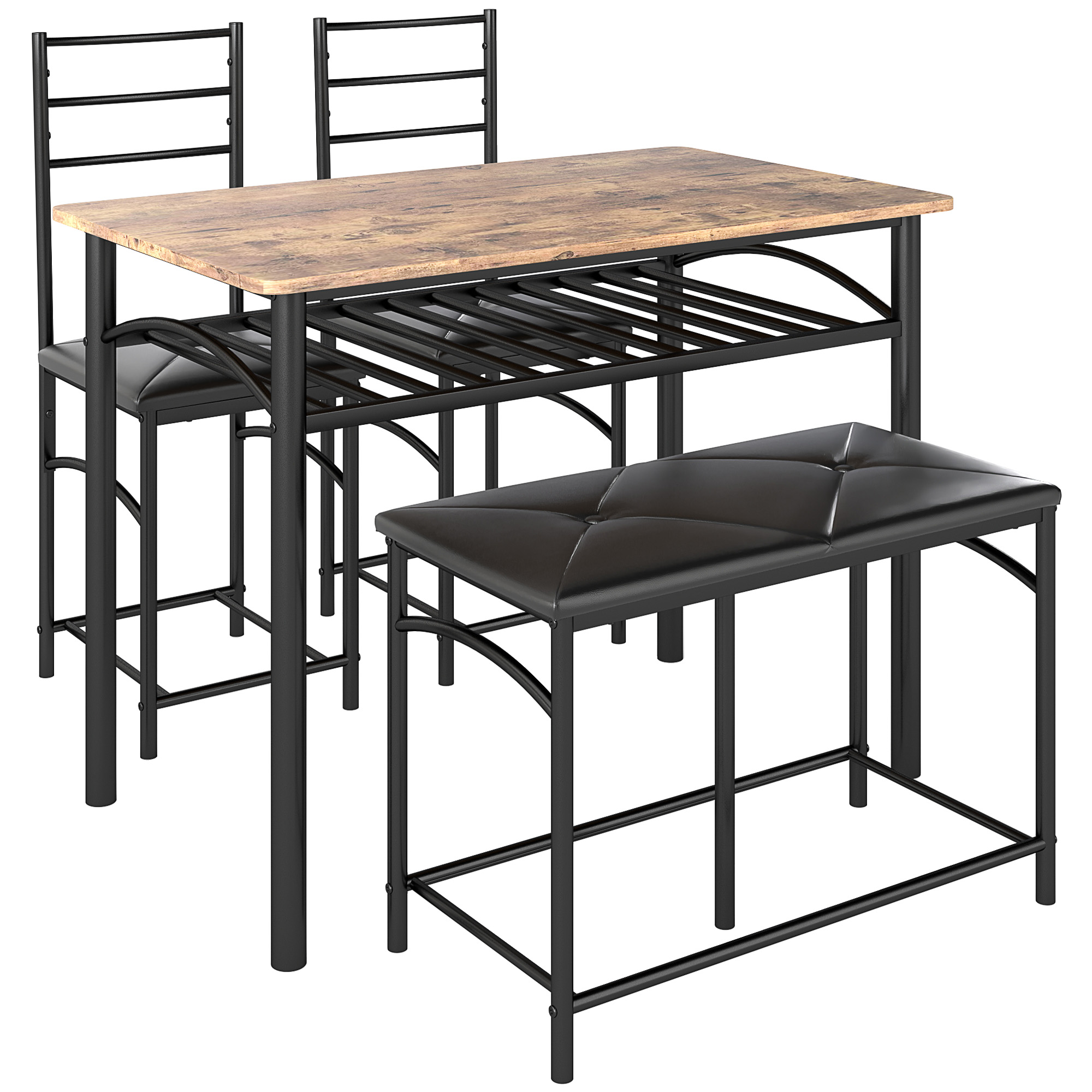 HOMCOM 4-tlg. Essgruppe, Esstisch mit 2 Stühlen, Bank, Platzsparende Esszimmergruppe, Esstisch-Set für kleine Räume, Küche, Esszimmer, Braun Aosom