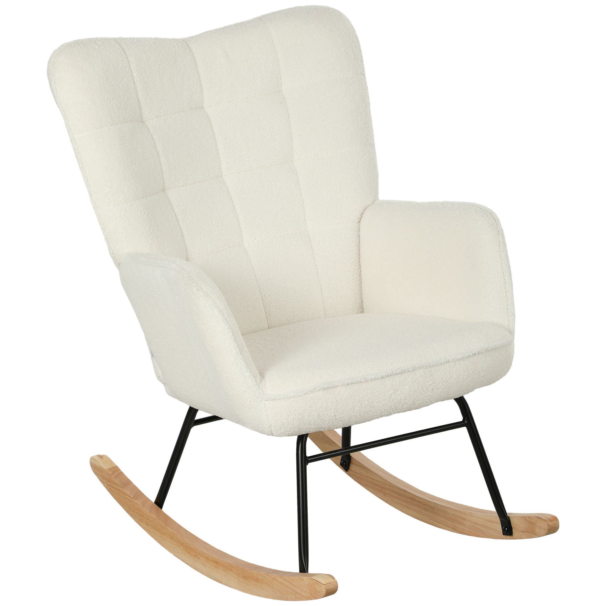 HOMCOM Schaukelstuhl, Schaukelsessel mit Berbervliesoptik, Armlehne, Gepolsterter Sessel mit Holzkufen, Relaxsessel für Wohnzimmer, Schlafzimmer, bis 120kg belastbar, Weiß Aosom