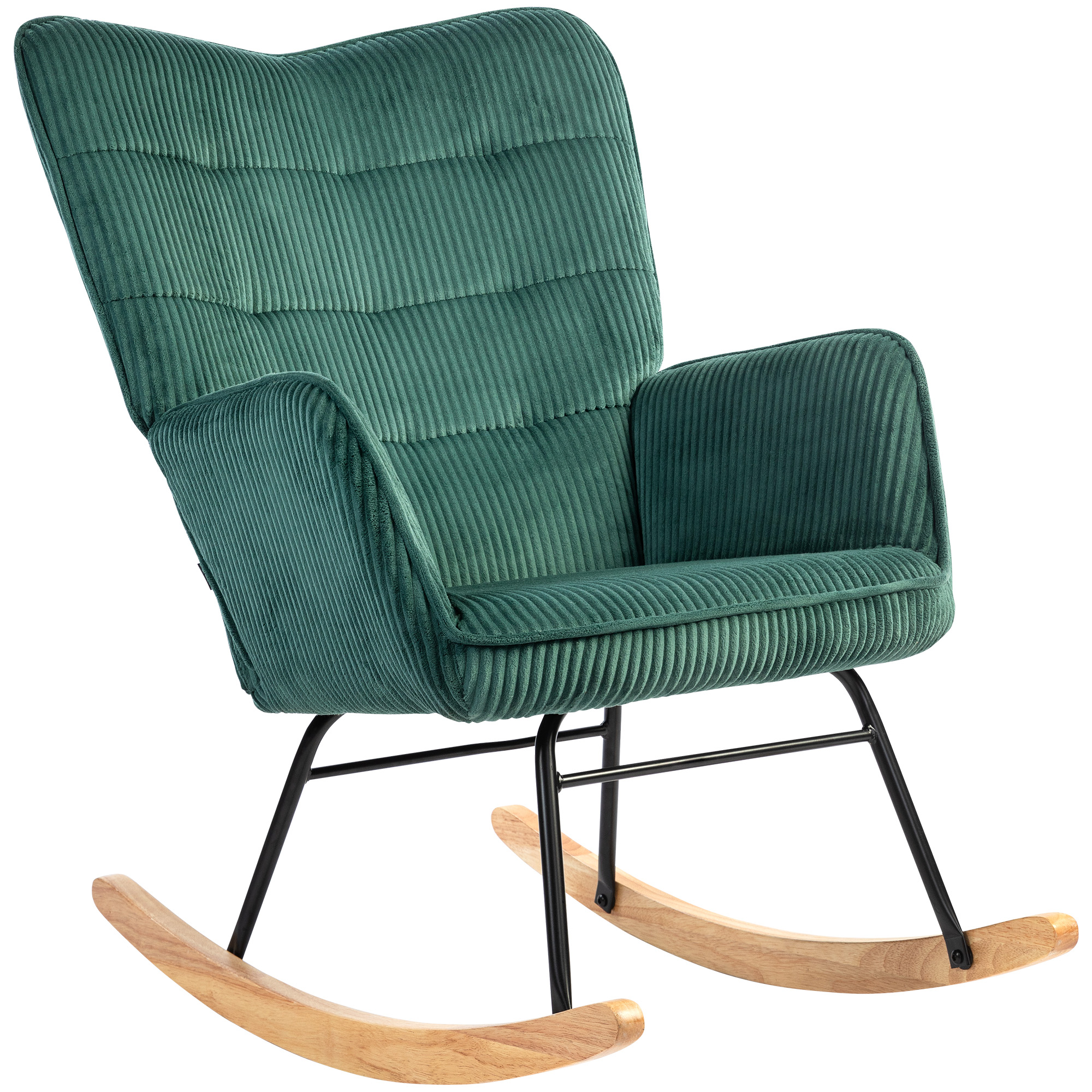 HOMCOM Schaukelstuhl, Schaukelsessel mit Kordoptik, Armlehne, Sessel mit Holzkufen, Relaxsessel für Wohnzimmer, Schlafzimmer, Dunkelgrün Aosom