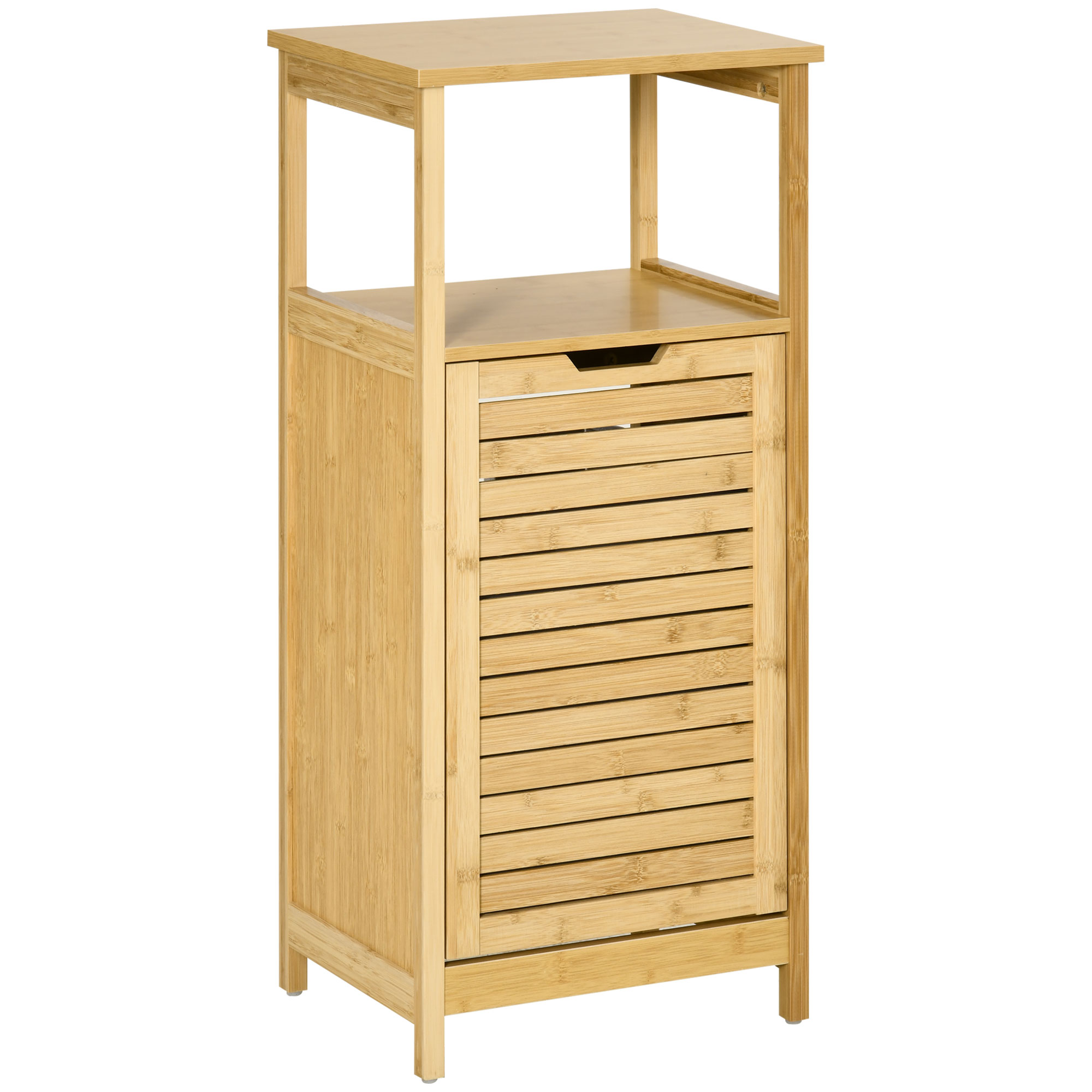 kleankin 2 in 1 Badezimmerschrank Beistellschrank mit herausnehmbarem Wäschekorb und offenem Fach Badschrank mit Kippschutz Wäscheschrank für Badezimmer MDF Bambus Natur 40 x 30 x 86,5 cm   Aosom