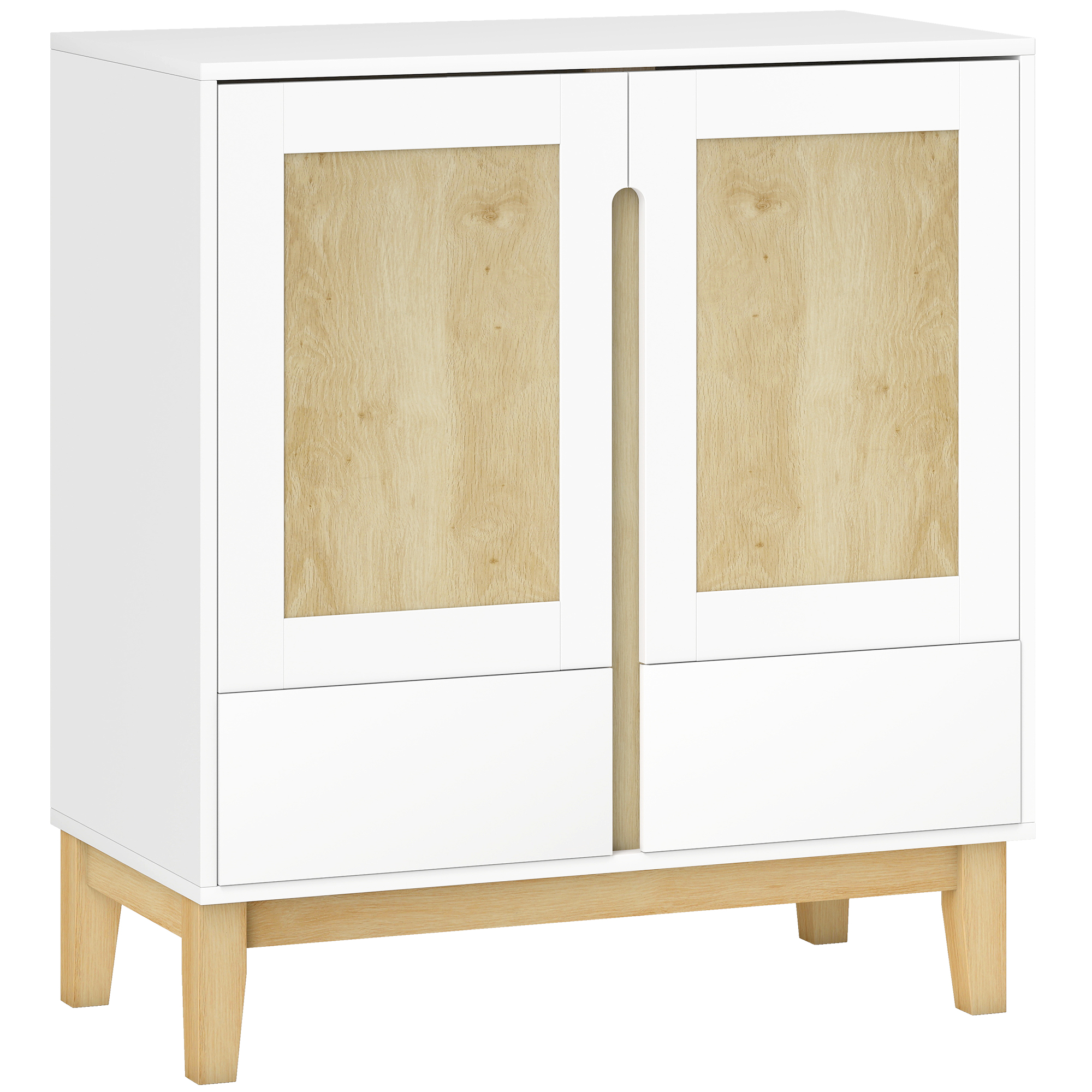 HOMCOM Buffet, Aufbewahrungsmöbel mit 2 Türen, 2 Schubladen und verstellbarem Regal, Gummibaumholzbeine, nordischer Stil, Buffet für Esszimmer, Küche und Wohnzimmer, 80 x 40 x 86 cm, Weiß und Eiche Aosom