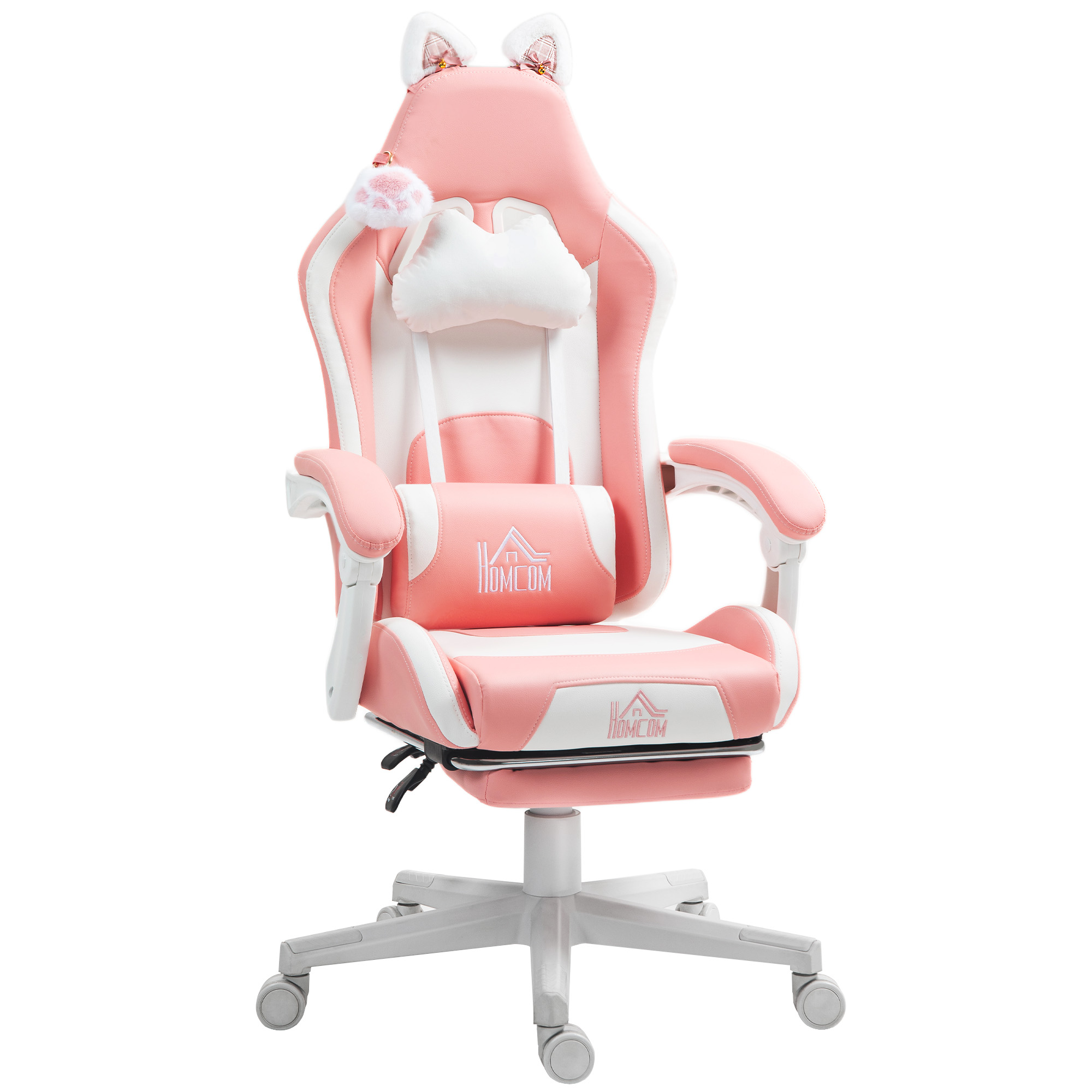 HOMCOM Gaming Stuhl Ergonomischer Gamer Stuhl mit Lendenwirbelstütze, Fußstütze, Gaming Sessel mit Katzenohren, Kopfkissen, Höhenverstellbar Bürostuhl mit Verstellbar Liegefunktion Rosa   Aosom