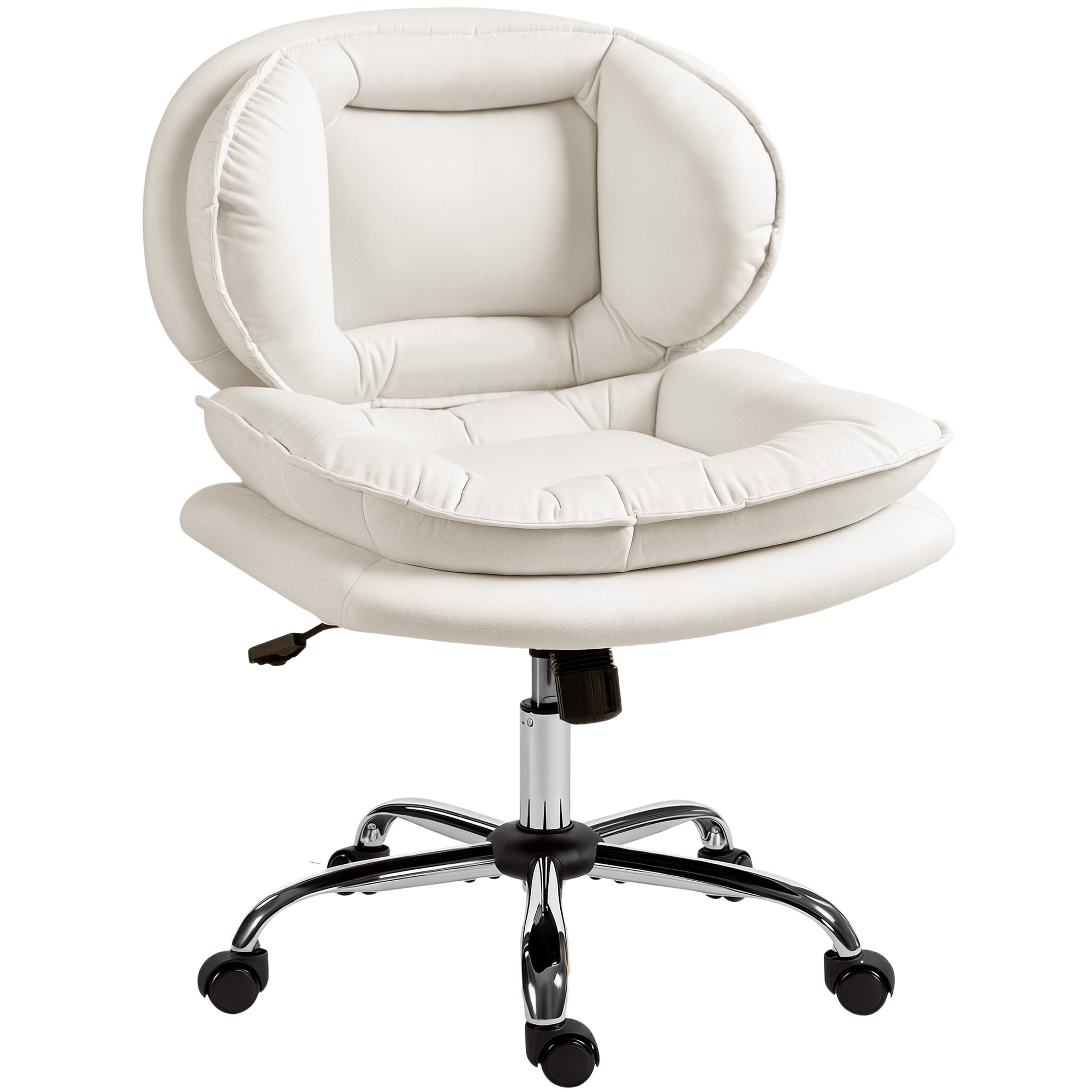 HOMCOM Bürostuhl Piernas Cruzadas, Armloser Schreibtischstuhl mit Breiter Sitzfläche, Räder, Höhenverstellbar, Doppelte Polsterung, Drehbar, Neigefunktion, Kunstlederbezug, Hellgrau Aosom