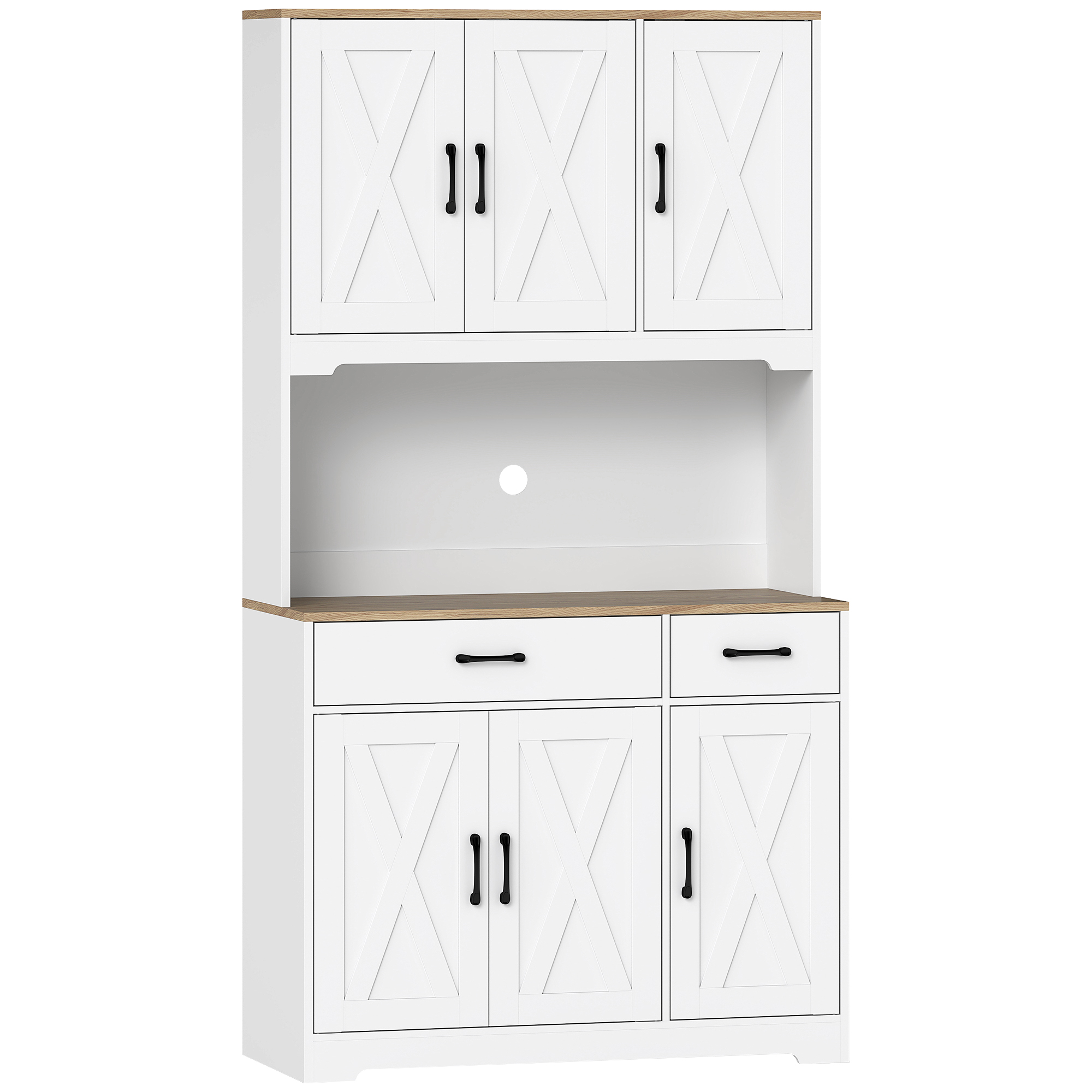 HOMCOM Küchenhochschrank, Küchenschrank, Vitrine, 6 Türen, 2 Schubladen, Arbeitsplatte und verstellbare Regale, rustikales Aufbewahrungsmöbel für Wohnzimmer, Esszimmer, 94x39,5x175,2cm, weiß   Aosom