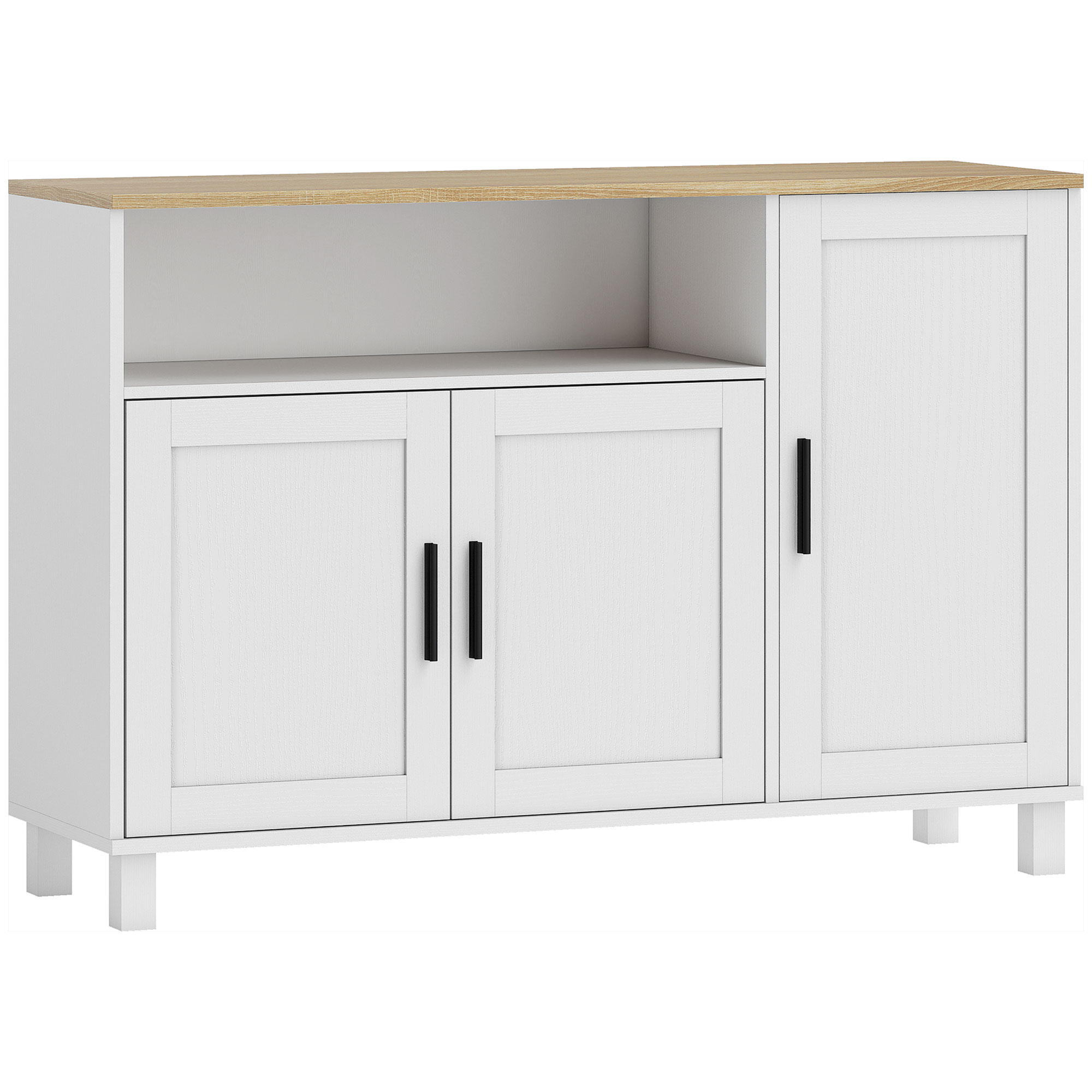 HOMCOM Kommode Küche mit gedämpften Türen, modernes Küchenmöbel mit verstellbarem Regal, Kiefernholzbeinen und offenem Fach, Buffetschrank für Wohnzimmer, Esszimmer und Wohnzimmer, 110x33x75 cm, Weiß Aosom