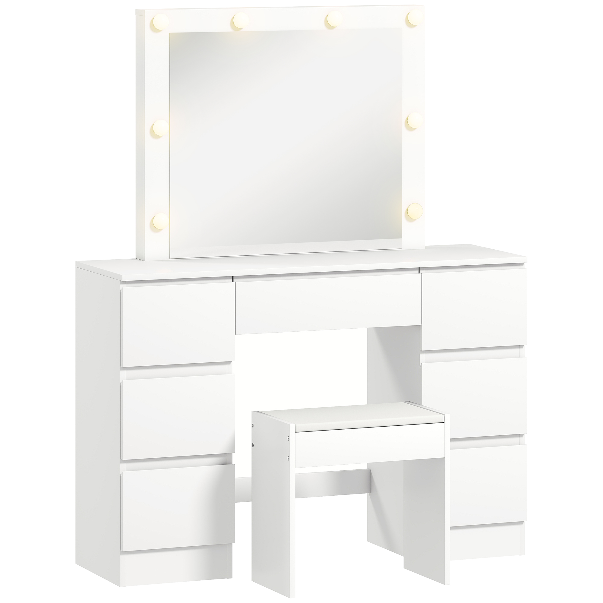 HOMCOM Toilettentisch mit 8 LED-Lichtern, 3 Farben, verstellbare Helligkeit, Make-up-Toilette mit gepolstertem Hocker, 7 Schubladen und Hollywood-Spiegel, Make-up-Tisch für Schlafzimmer, Weiß   Aosom