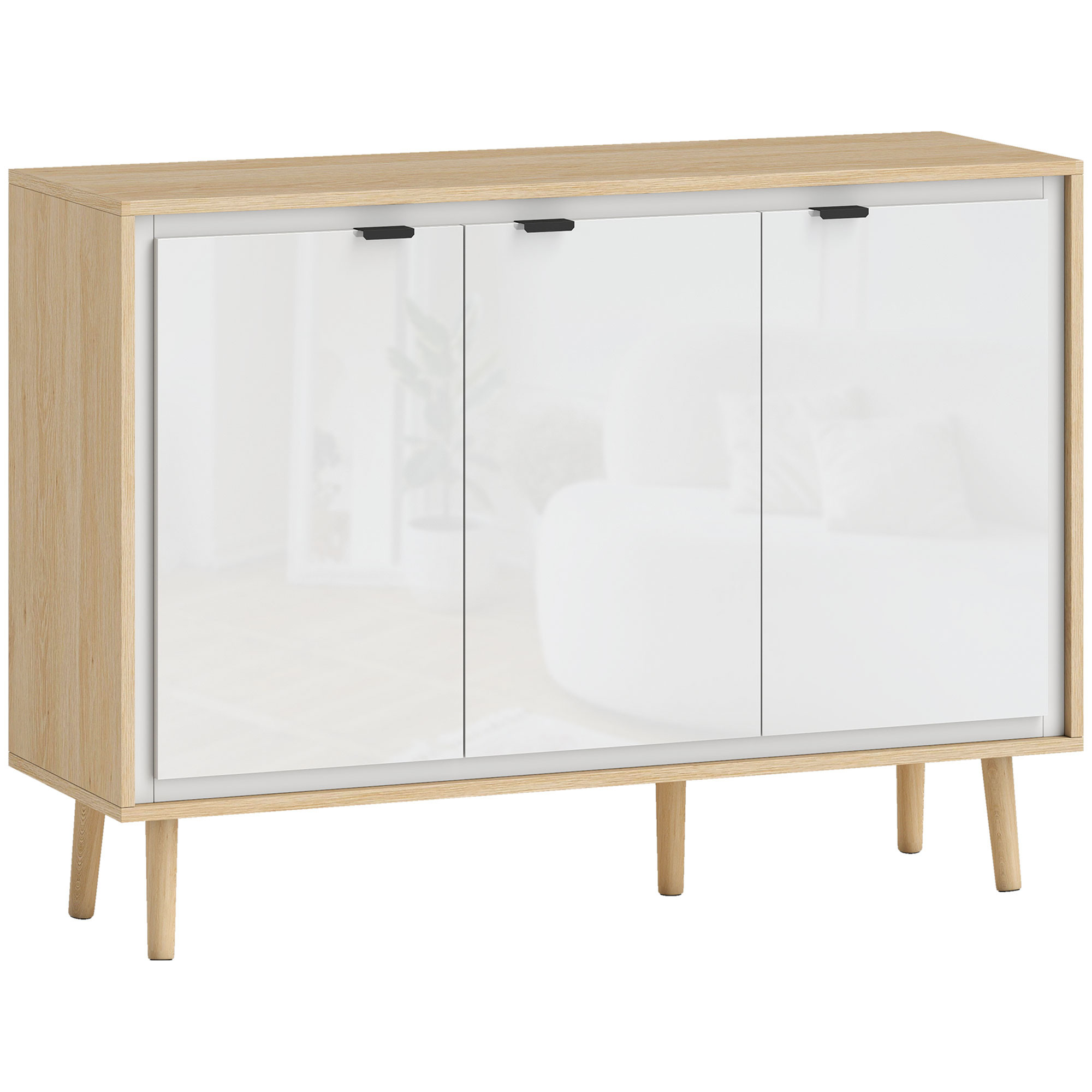 HOMCOM Kommode Küche mit 3 Türen, Modernes Küchenmöbel mit Verstellbarem Regal und Holzbeinen, Sideboard Buffet für Wohnzimmer, Esszimmer und Wohnzimmer, 107x35x77 cm, Glänzendes Weiß und Eiche Aosom