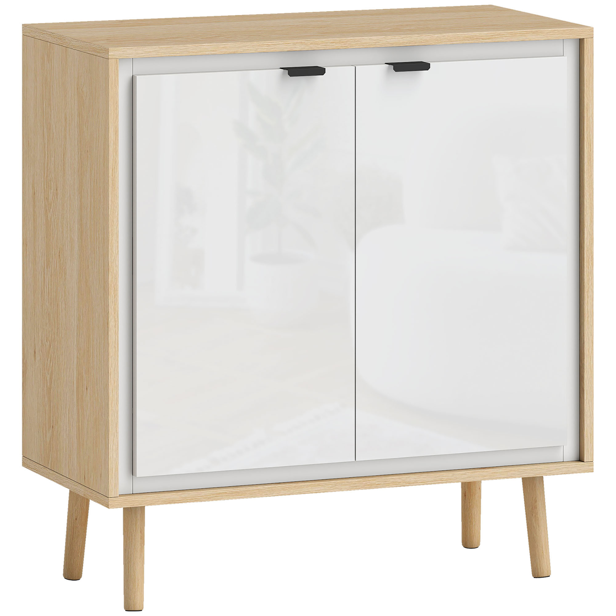 HOMCOM Küchenschrank mit 2 Türen, Moderner Küchenschrank mit Verstellbarem Regal und Holzbeinen, Sideboard für Wohnzimmer, Esszimmer und Wohnzimmer, 72x35x77 cm, Hochglanz-Weiß und Eiche Aosom