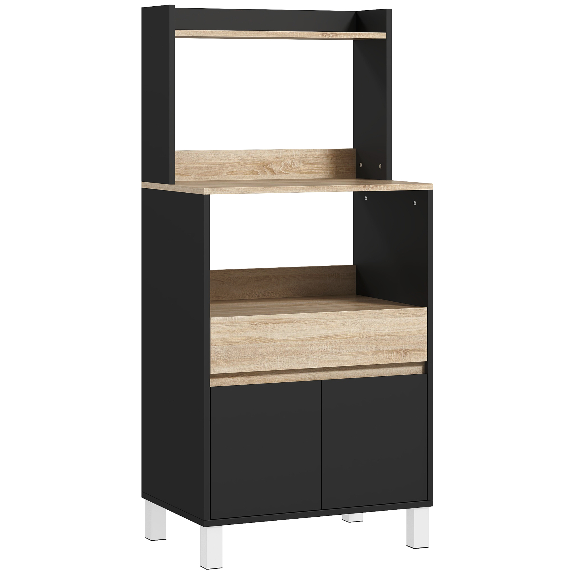 HOMCOM Mikrowellenmöbel, Küchenbuffet mit Schrank Schublade Oberregal, Küchenmöbel zur Aufbewahrung von Mikrowellen in Esszimmer, Wohnzimmer, 60 x 40 x 131 cm Eiche und Schwarz Aosom