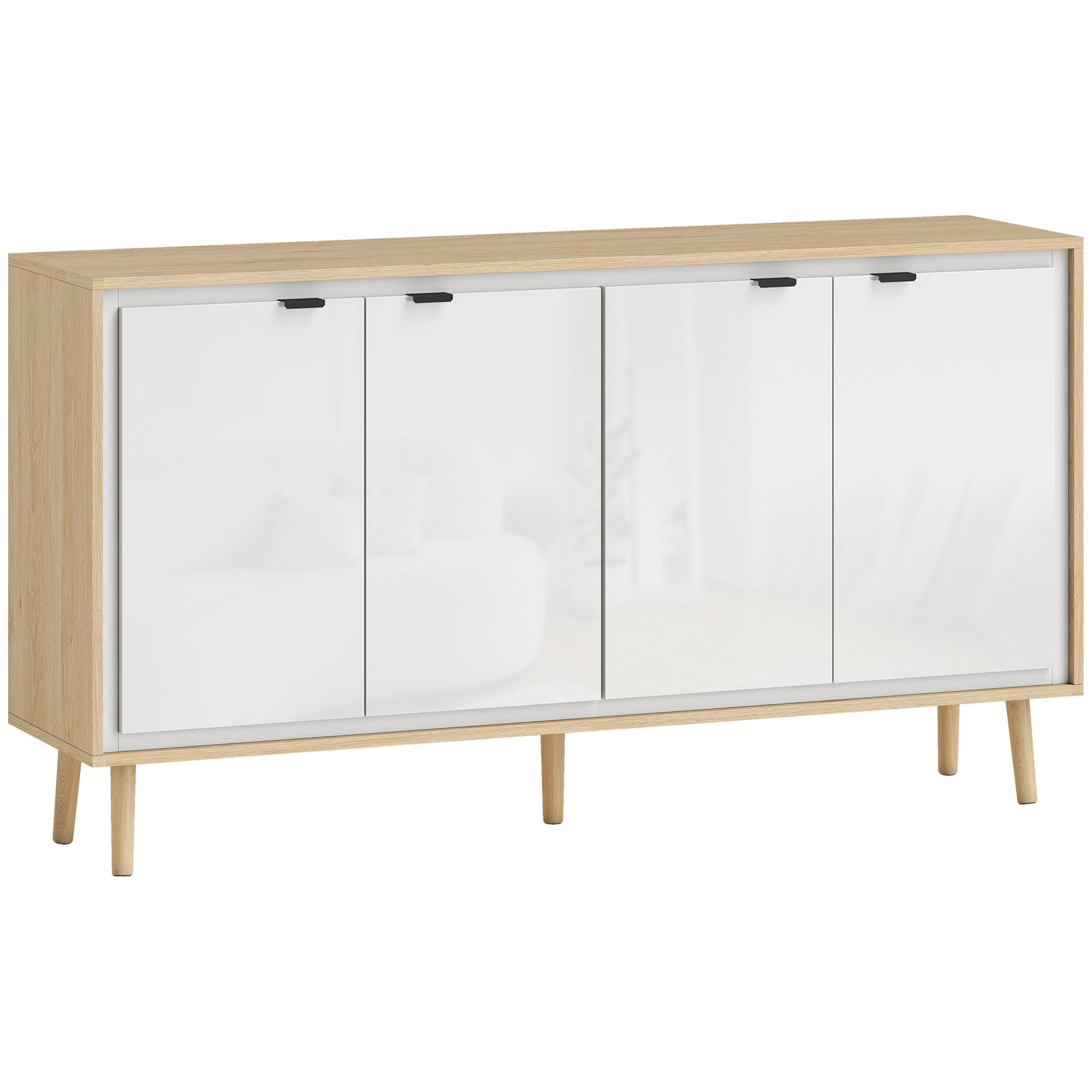 HOMCOM Küchenschrank mit 4 Türen, Moderner Küchenmöbel mit Verstellbarem Regal und Holzfüßen, Sideboard für Wohnzimmer, Esszimmer und Wohnzimmer, 141x35x77 cm, Hochglanzweiß und Eiche Aosom