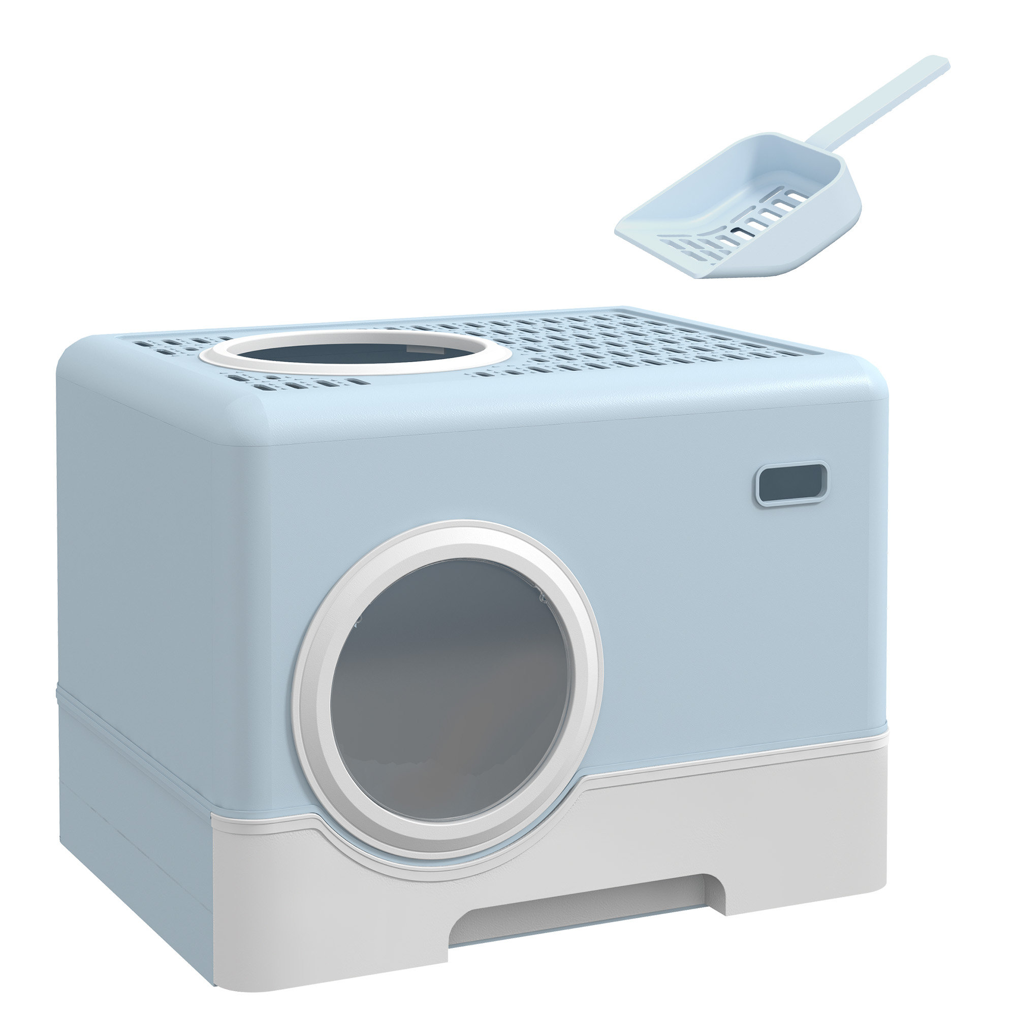 PawHut Katzenstreu Box, Katzenklo mit herausnehmbarer Schale, Fronteinstieg und oberem Ausgang, Schaufel, einfach zu reinigen, auslaufsicher, Blau Aosom
