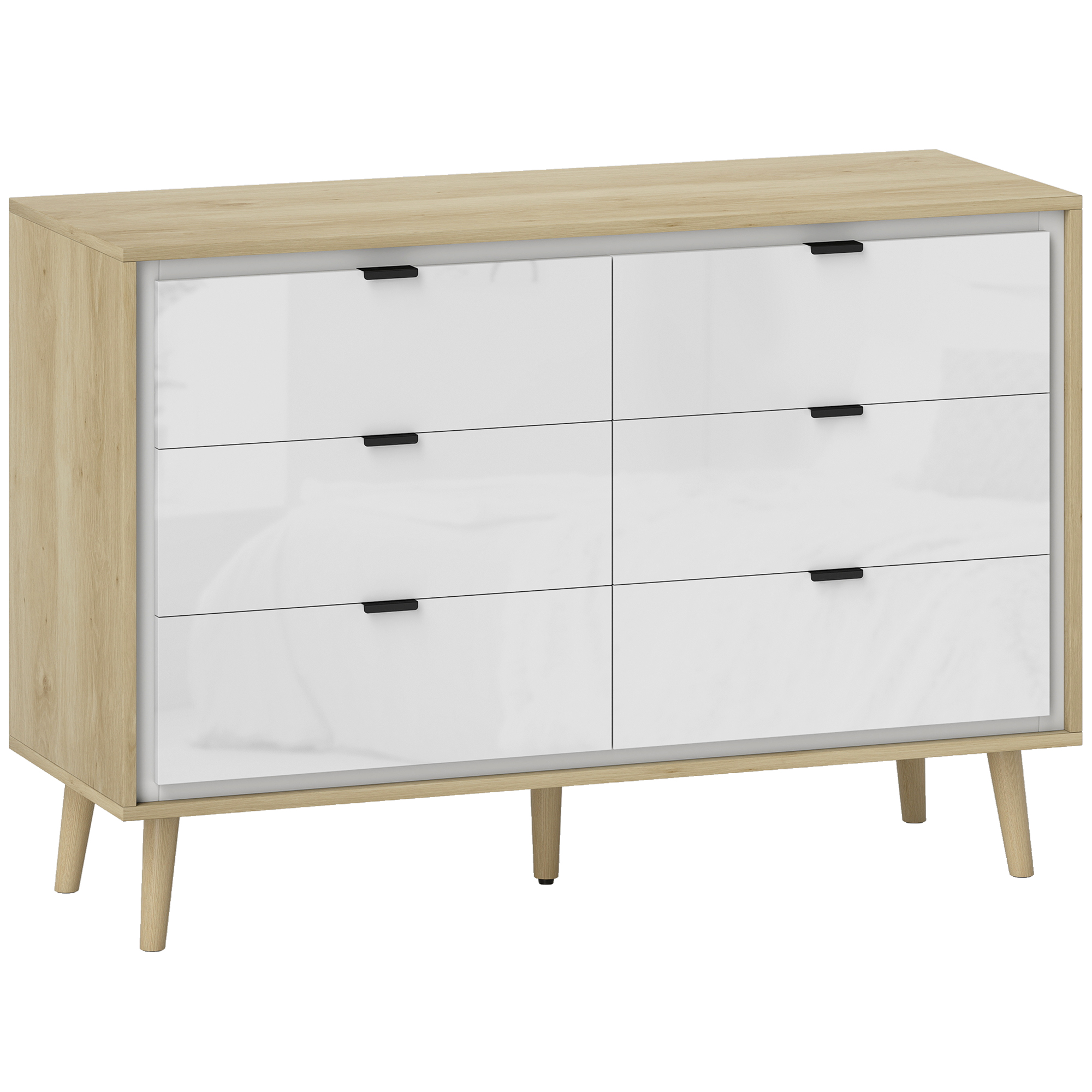 HOMCOM Kommode Schlafzimmer 6 Schubladen, Kommode Schlafzimmer mit 5 Holzbeinen und Griff, Platzsparende Kommode für Eingang, Wohnzimmer und Flur, 110x40x75 cm, Glänzendes Weiß und Eiche   Aosom