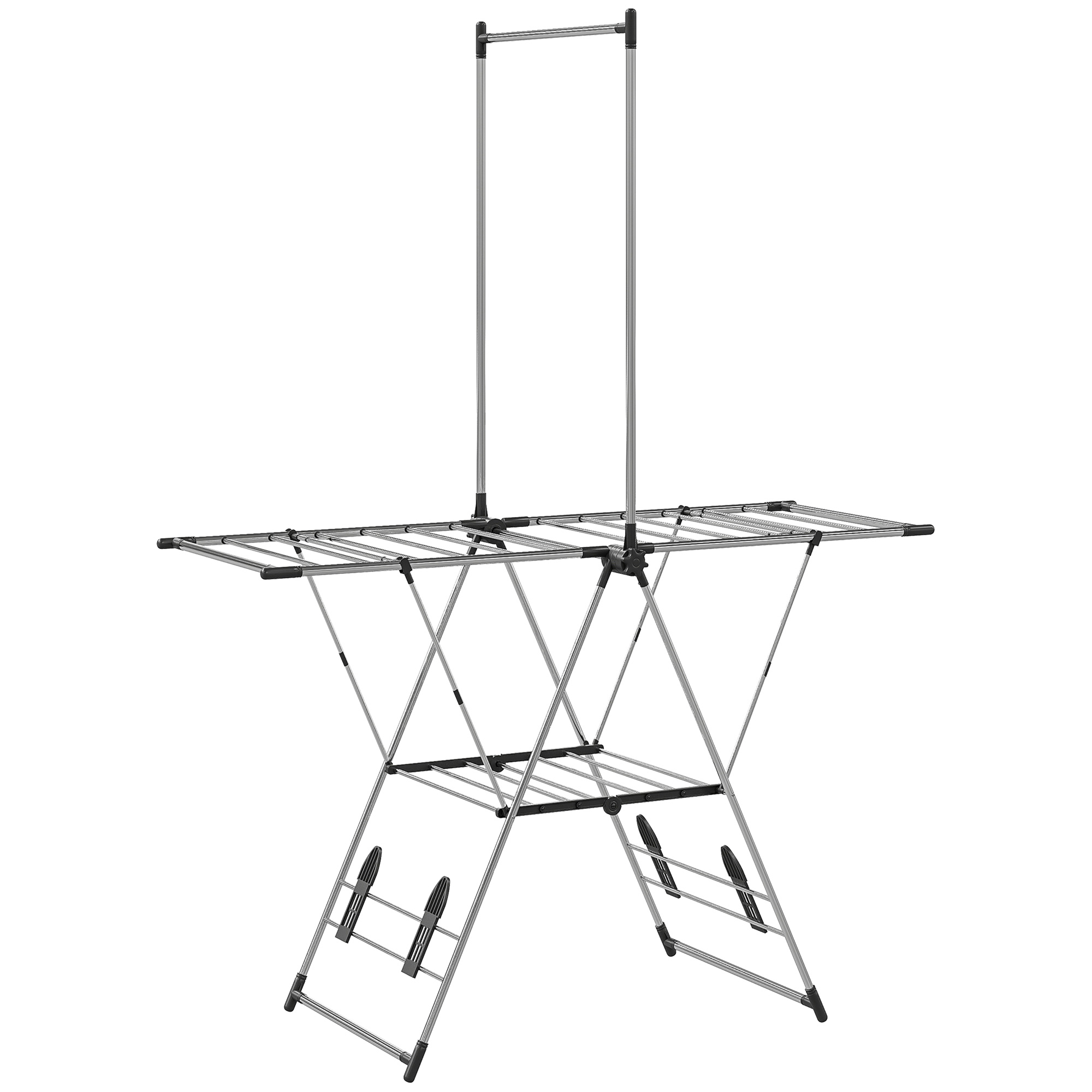 HOMCOM Vertikaler Faltbarer Wäscheständer mit 5 verstellbaren Flügeln, 4 Schuhhaltern, Stange und Regal, Edelstahlrahmen, für Innen und Außen, Silber   Aosom