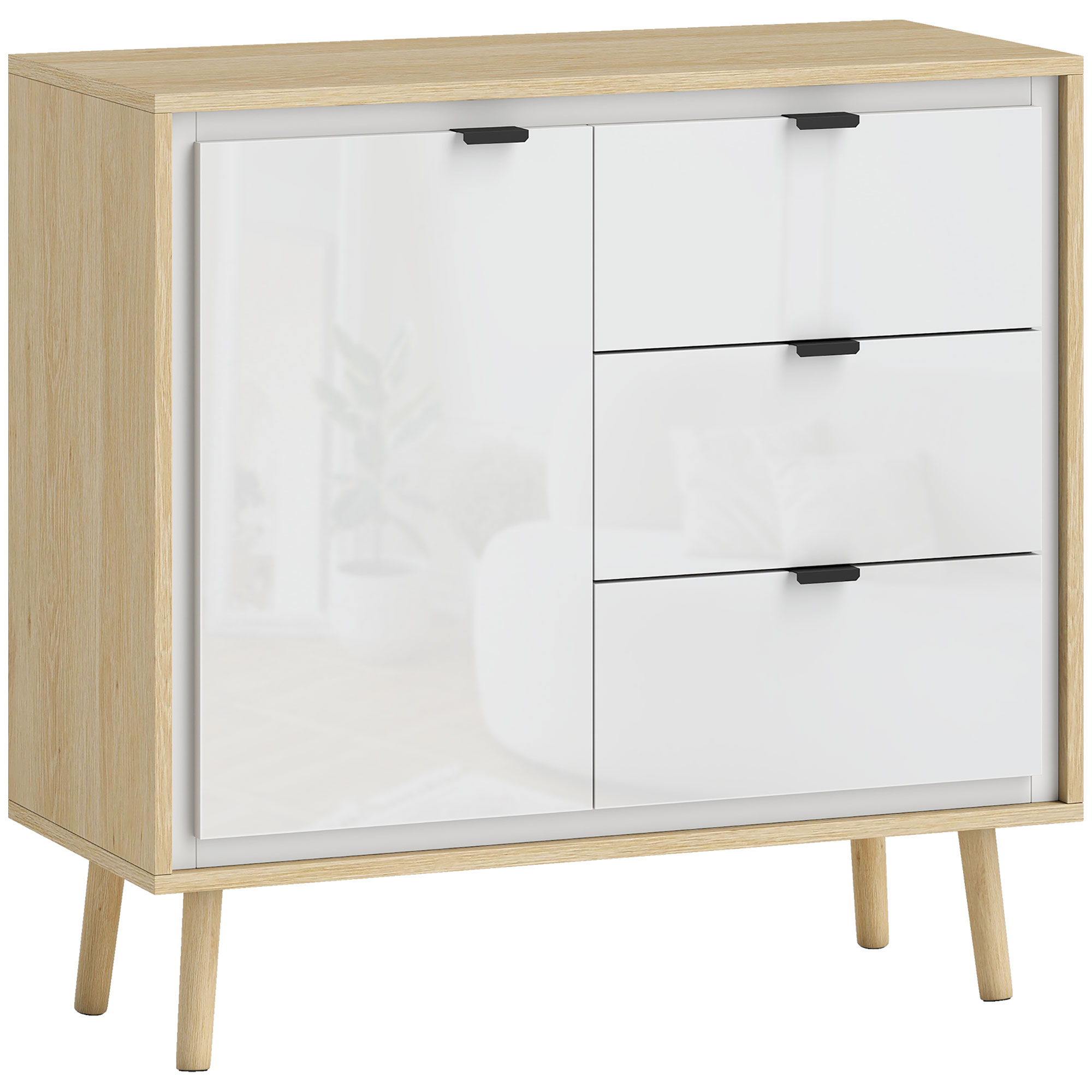 HOMCOM Küchenschrank mit 3 Schubladen und Schrank, Modernes Küchenmöbel mit verstellbarem Regal, Sideboard für Wohnzimmer, Esszimmer und Wohnzimmer, 80x35x77 cm, Glänzendes Weiß und Eiche Aosom