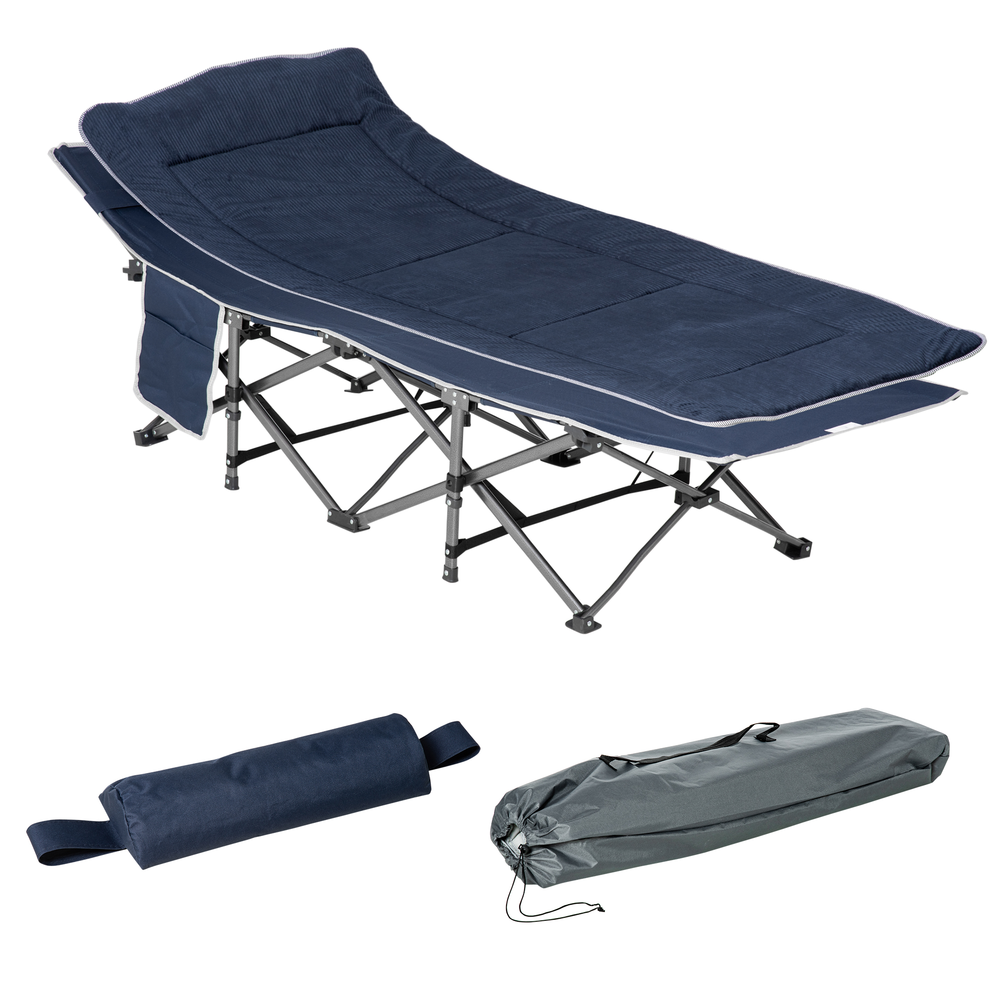Outsunny Campingbett klappbar Feldbett Klappbett mit Kopfkissen Seitentasche Matratze Gästebett bis 150 kg belastbar Reisen Outdoor Oxford Dunkelblau 188 x 64,5 x 53 cm Aosom