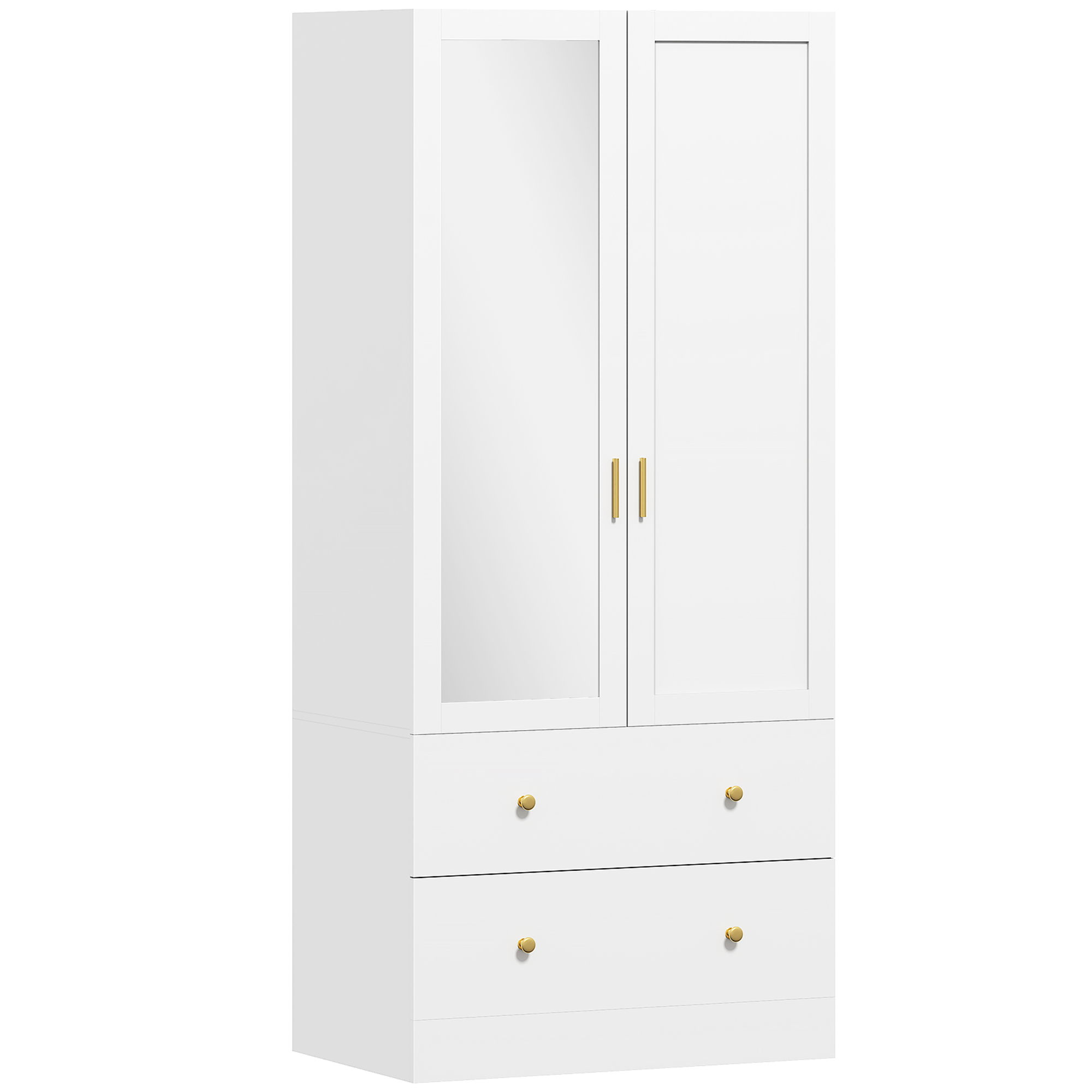 HOMCOM Kleiderschrank Schlafzimmer mit Spiegel, 2 Türen, Kleiderschrank, Ankleidezimmer mit 2 Schubladen und Aufhängestange, moderner Stil, 80 x 50 x 180 cm, weiß   Aosom