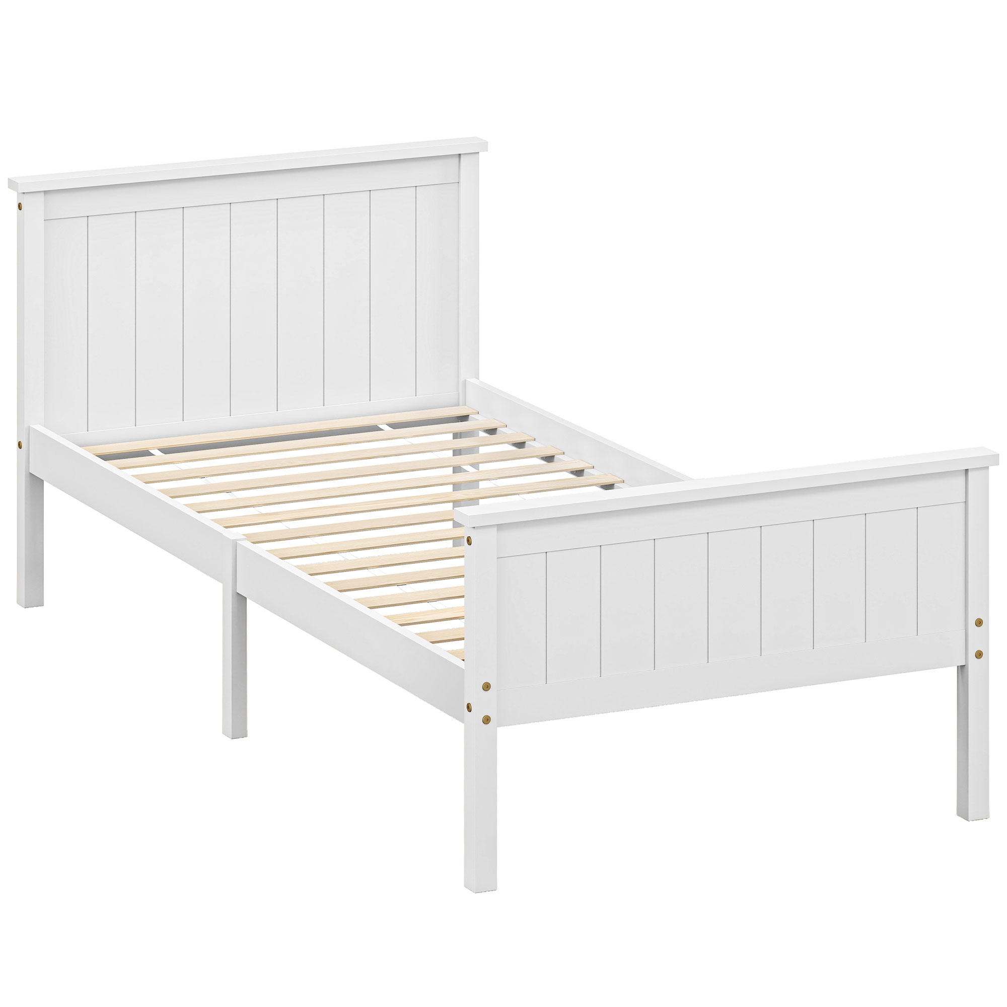 HOMCOM Bettgestell 100 x 210 cm, Einzelbett aus massiver Kiefer mit Lattenrost, Kopf- und Fußteil inklusive, 29 cm Höhe mit Stauraum darunter, geräuschlos, einfache Montage, weiß Aosom