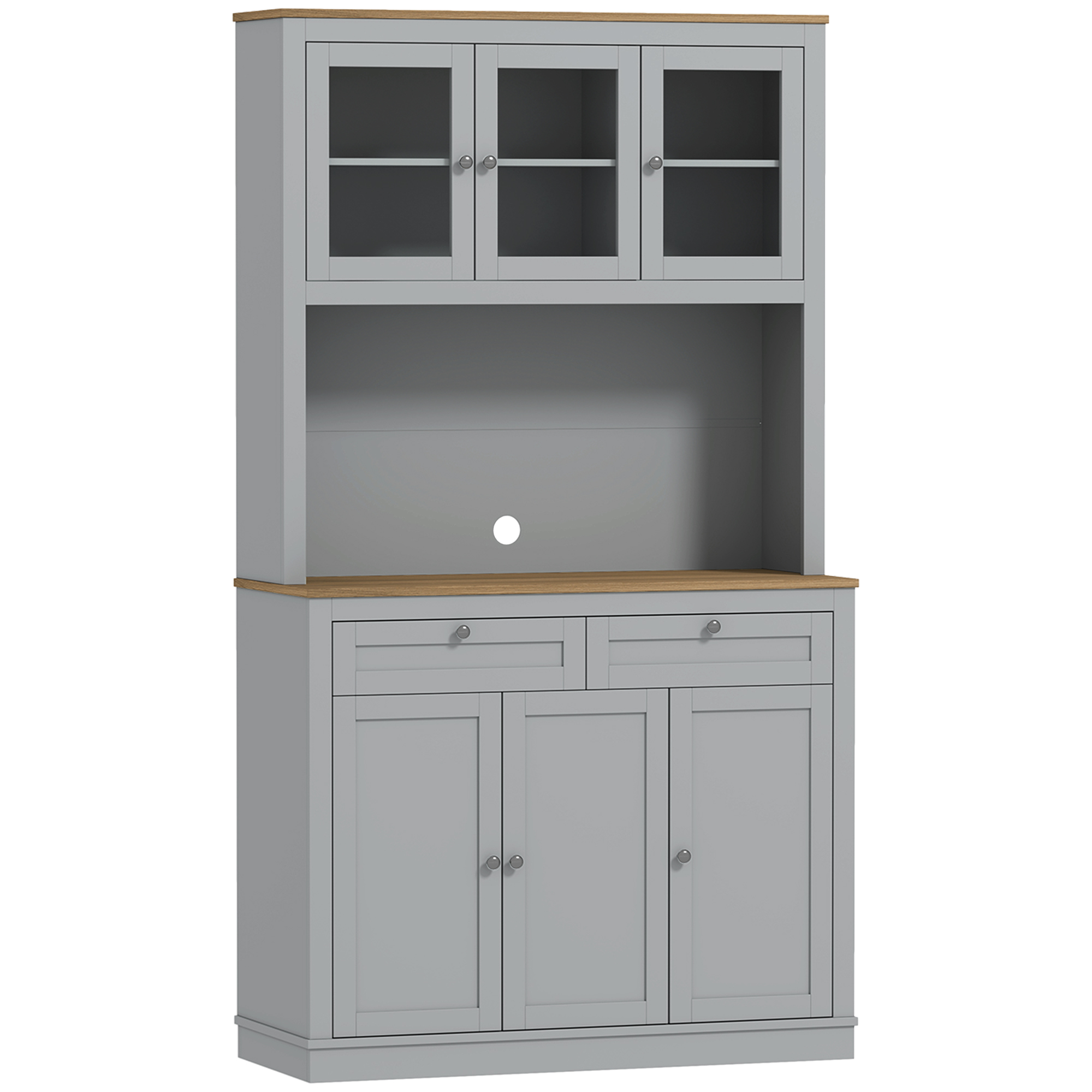 HOMCOM Küchenschrank, Küchenmöbel, mit 3 Glastüren, offene Arbeitsplatte für Mikrowelle, 2 Schubladen und verstellbare Regale, 100x40x180 cm, Grau   Aosom