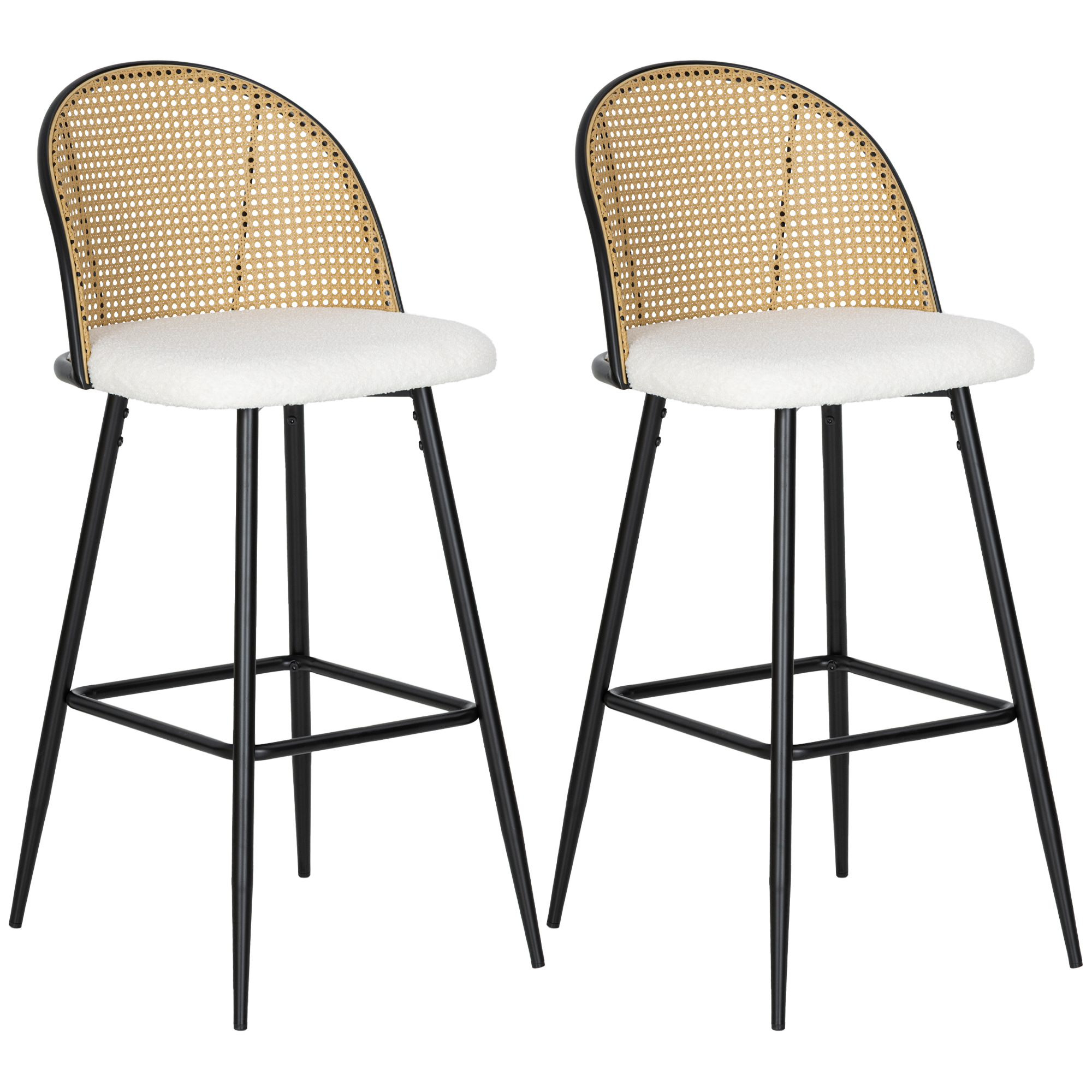 HOMCOM Set mit 2 Barhocker, Hochhocker für die Küche mit Rattan Rückenlehne, Sitzpolster aus Schafwolle, Stahlrahmen und Fußstütze für Esszimmer, Theke, Cremeweiß Aosom