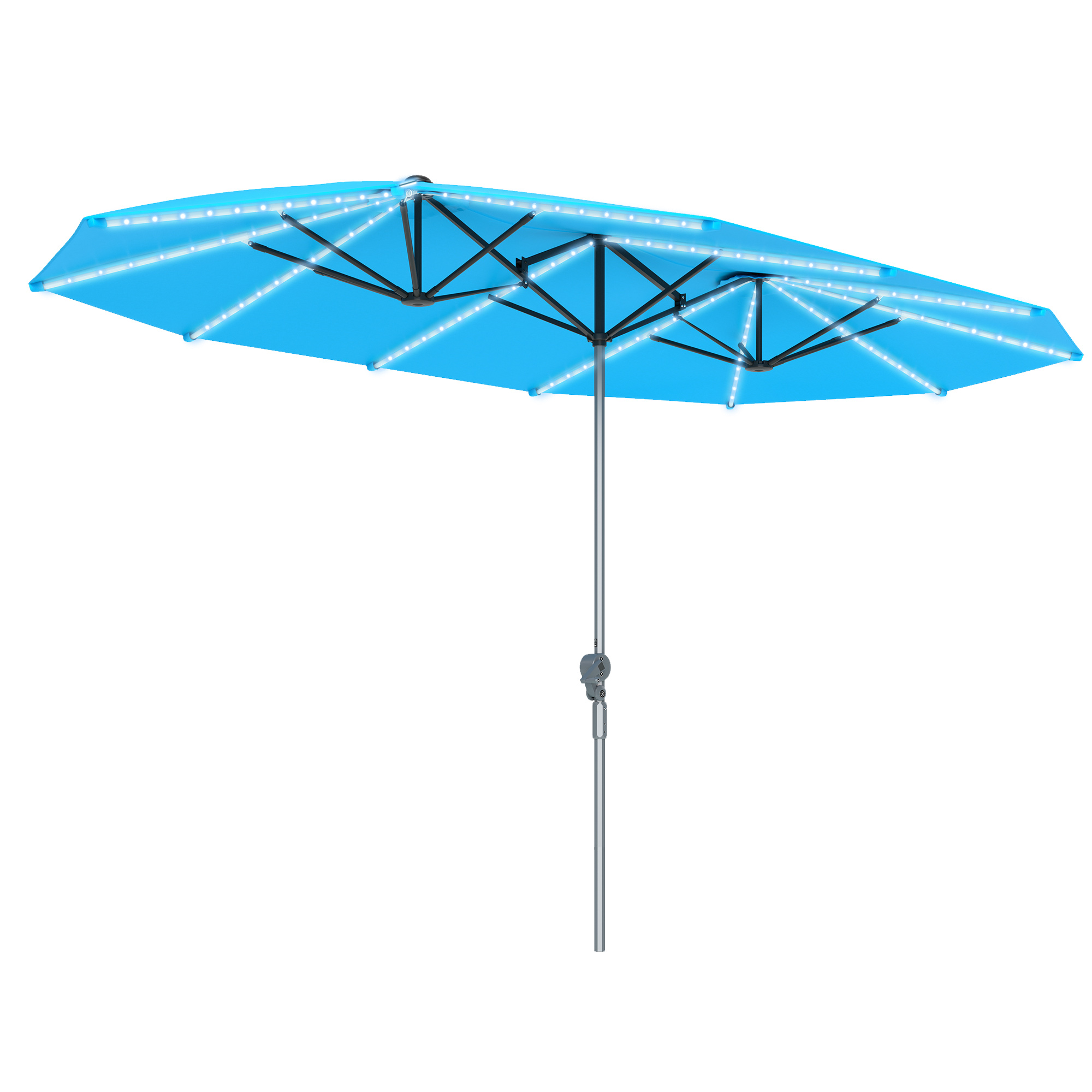 Outsunny Doppelsonnenschirm mit Solar LED Lichtern 451x267 cm Aluminium UV 50+ Sonnenschirm mit Handkurbel, Balkonschirm windfest Marktschirm Sonnenschutz für Strand Balkon Garten, Blau   Aosom