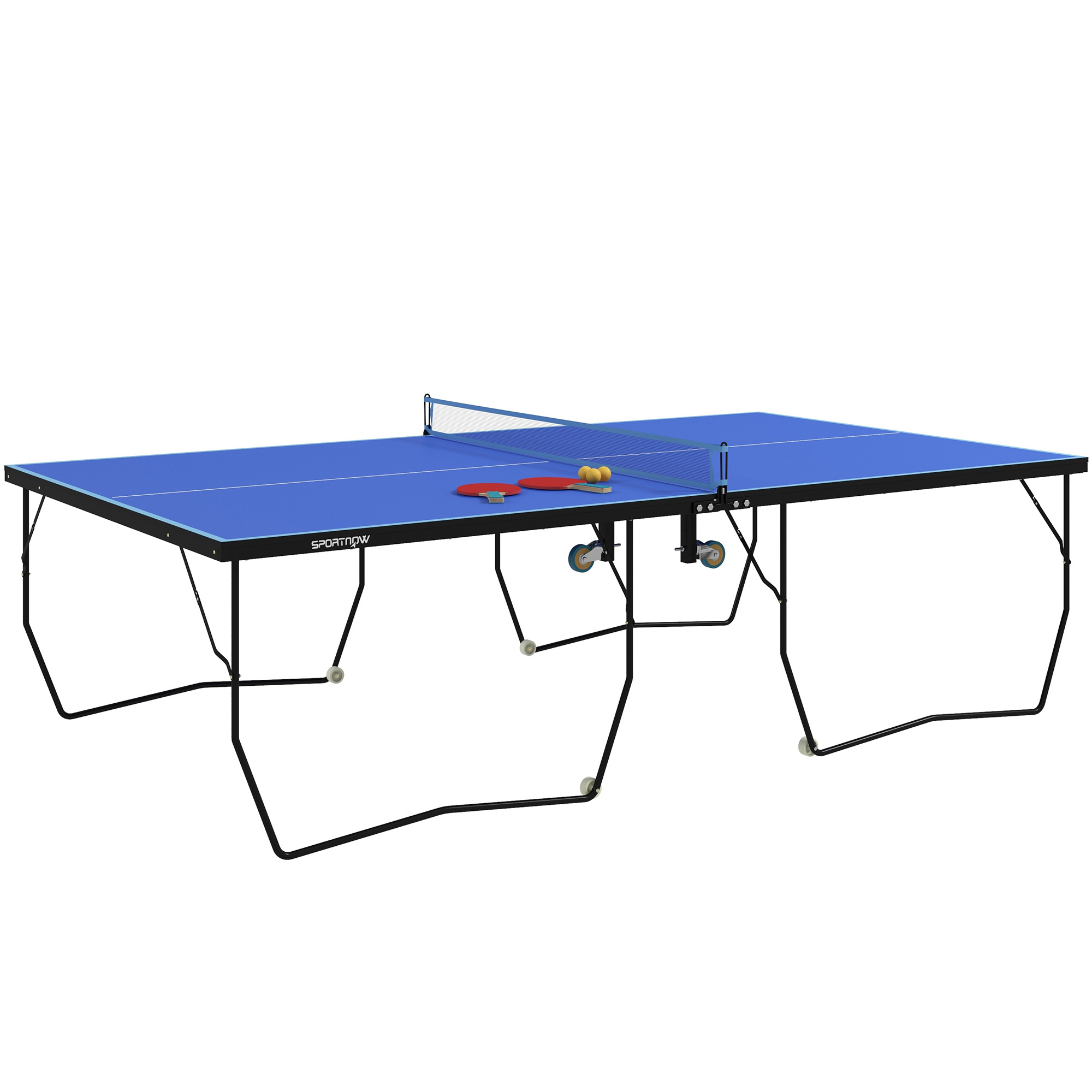 SPORTNOW Tischtennisplatte, Klappbar Tischtennistsich mit Netz, Rollen, 2 Tischtennisschlägern und 3 Bällen, Stahl, Blau, 274 x 152,5 x 76 cm Aosom