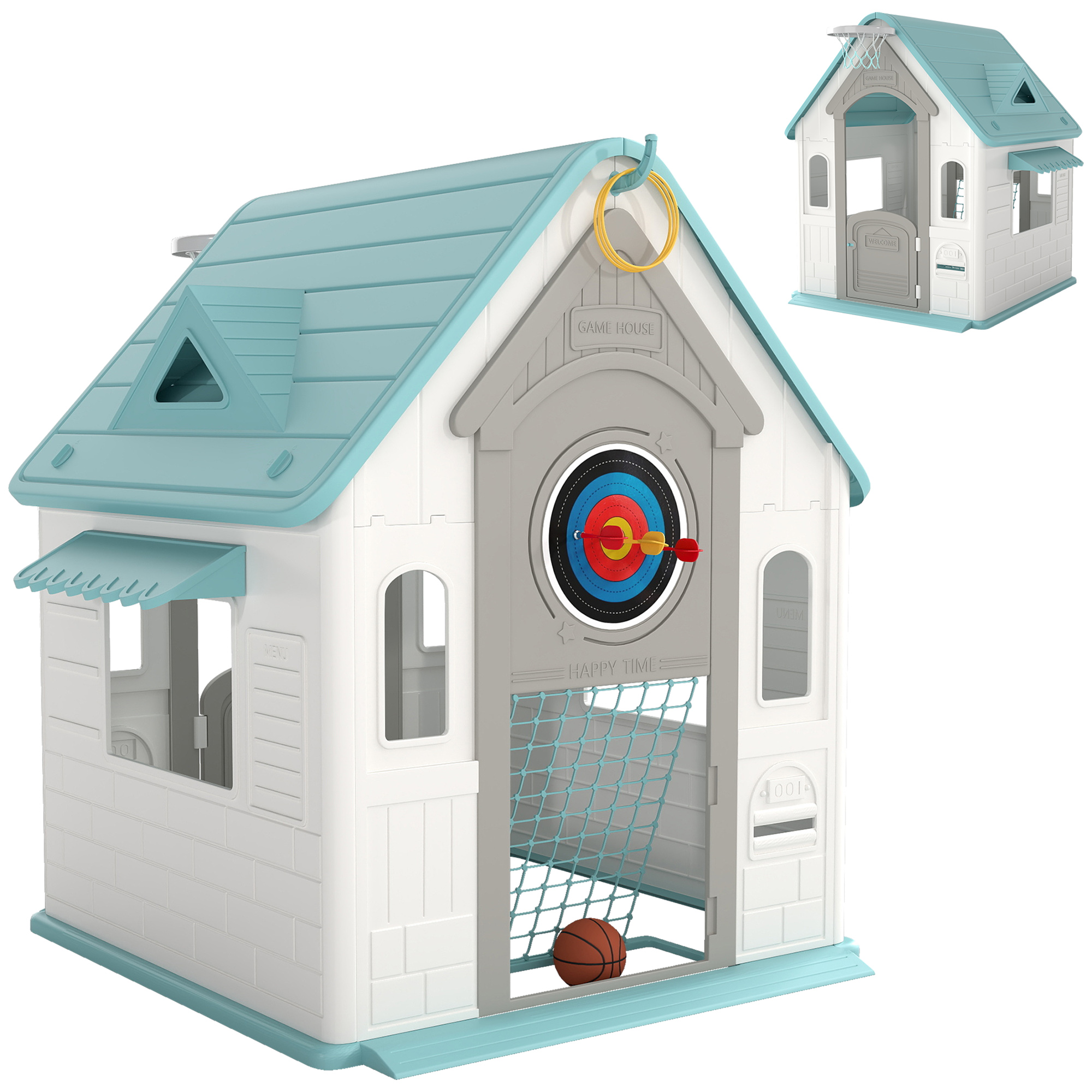 AIYAPLAY Spielhaus Kinder 5-in-1 mit Basketballkorb, Fußball, Dartscheibe, Ringwurfspiel Gartenhaus Kinder für drinnen und draußen für 2-5 Jahre Kinder Bunt   Aosom
