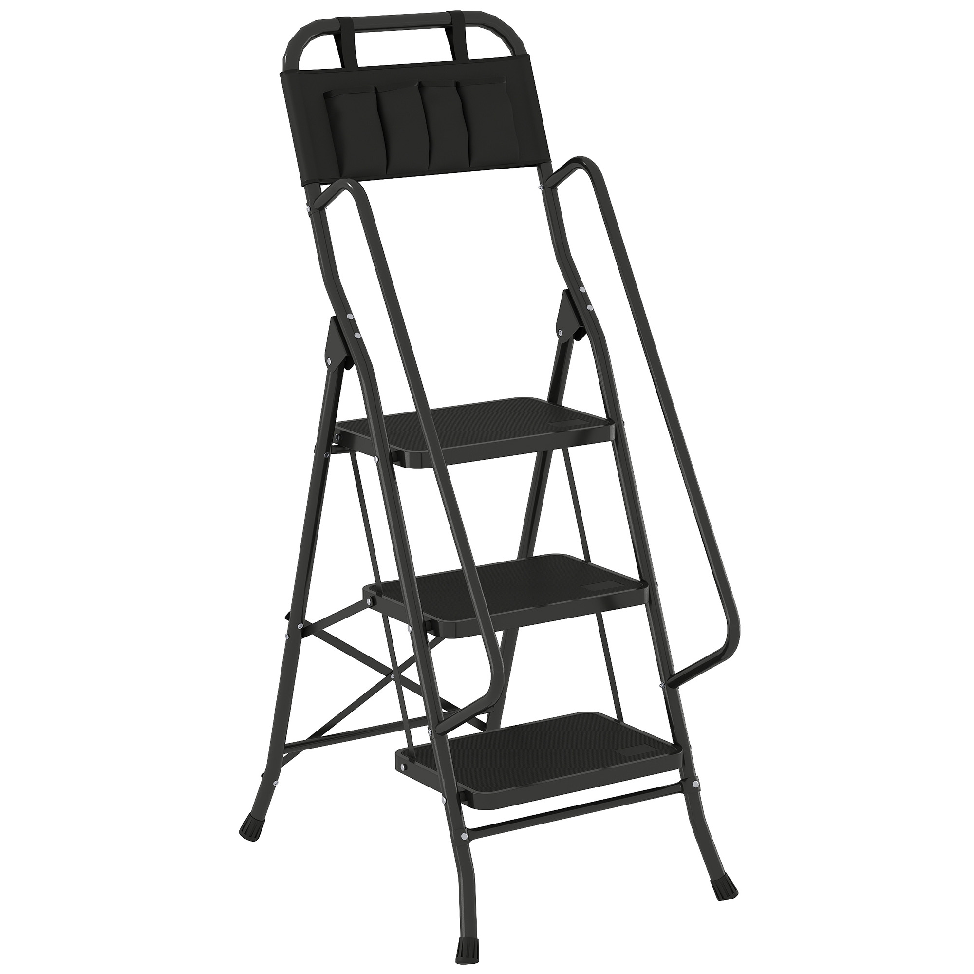 HOMCOM Klapp-Leiter 3 Stufen mit Werkzeugtasche – Scherenleiter, 150 kg Tragkraft, breite rutschfeste Stufen, Sicherheitsverriegelung, Handlauf, Schwarz   Aosom